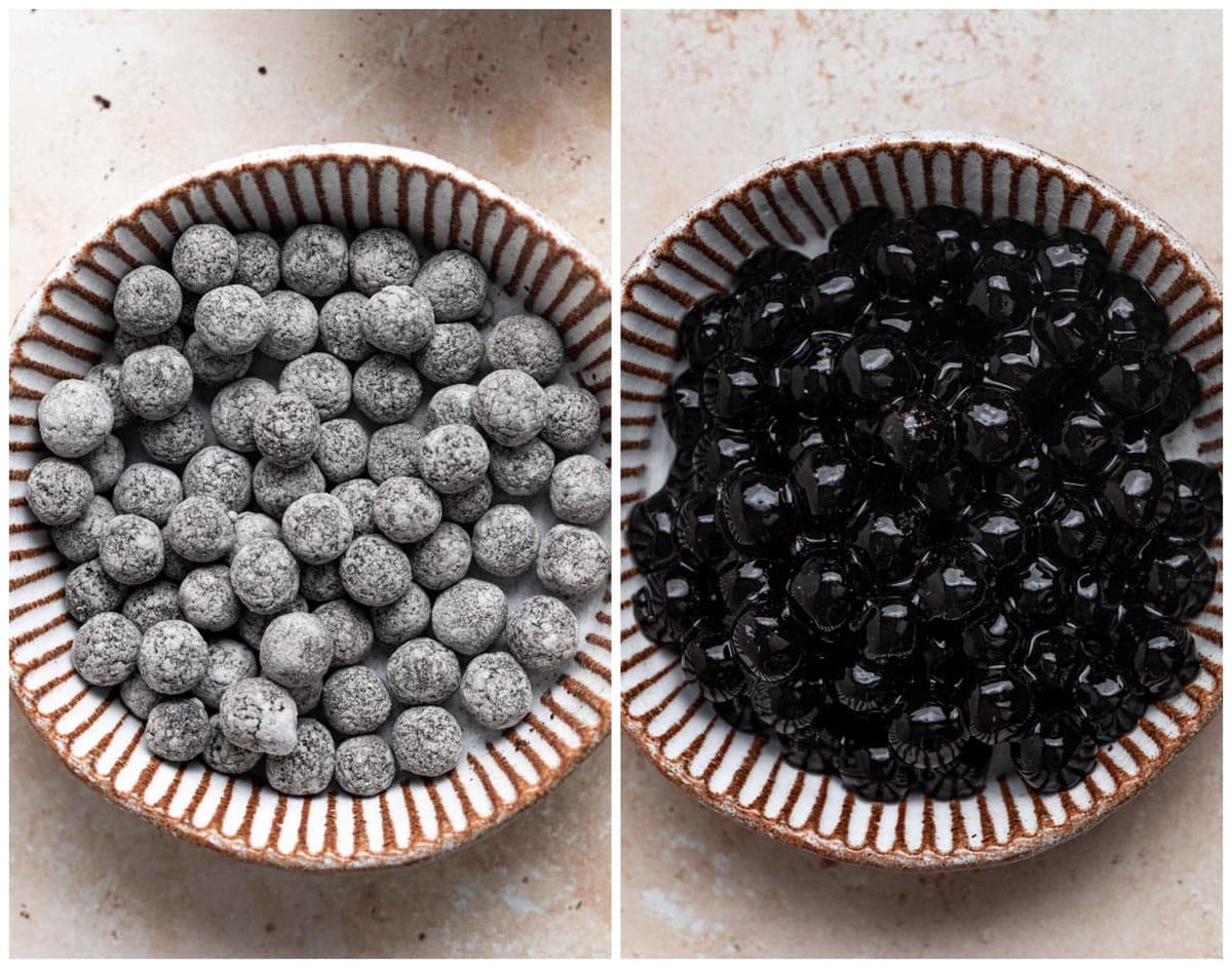 A collage of two images showing uncooked and cooked tapioca pearls.