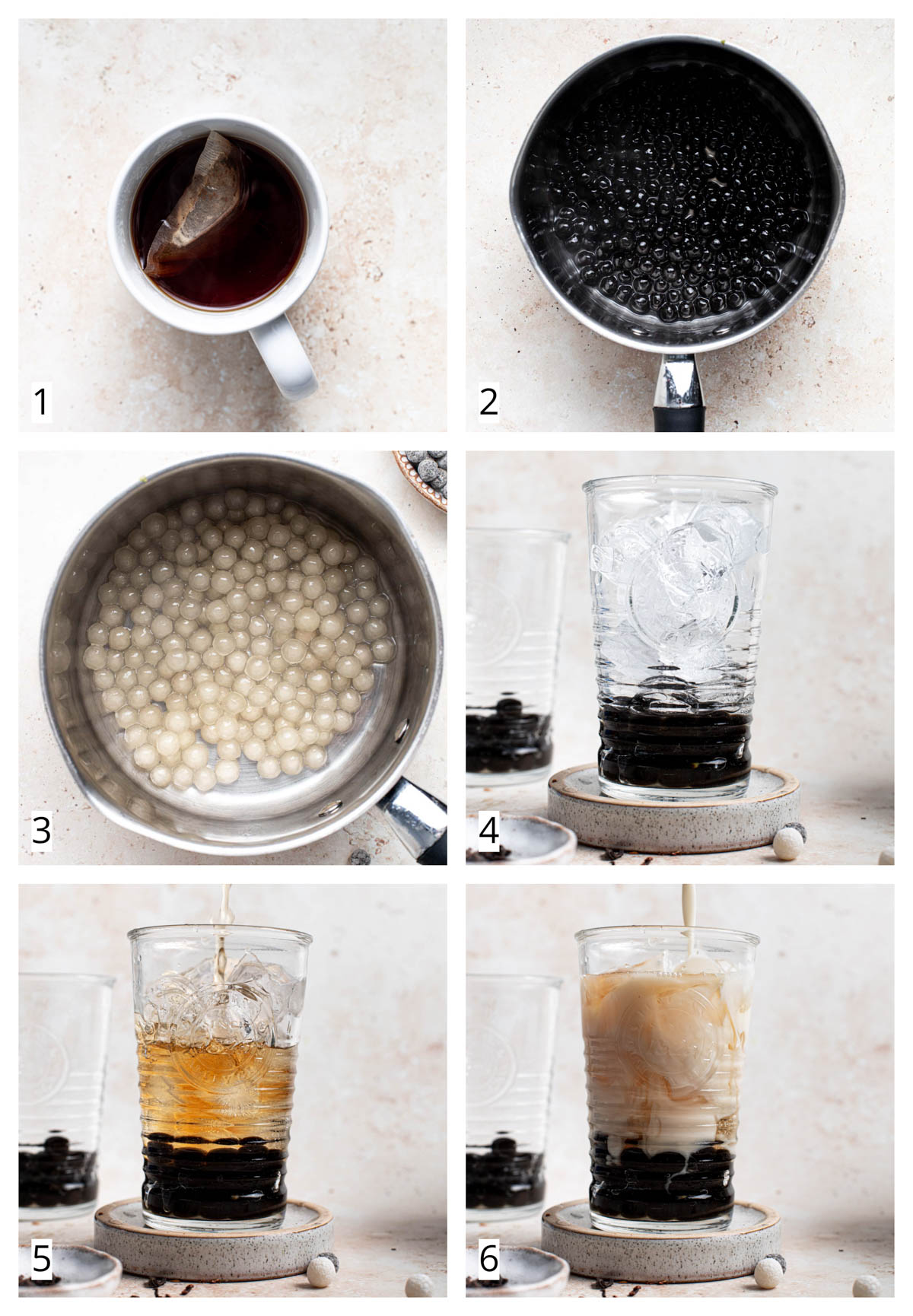 A collage of six images showing the six steps of making bubble milk tea.