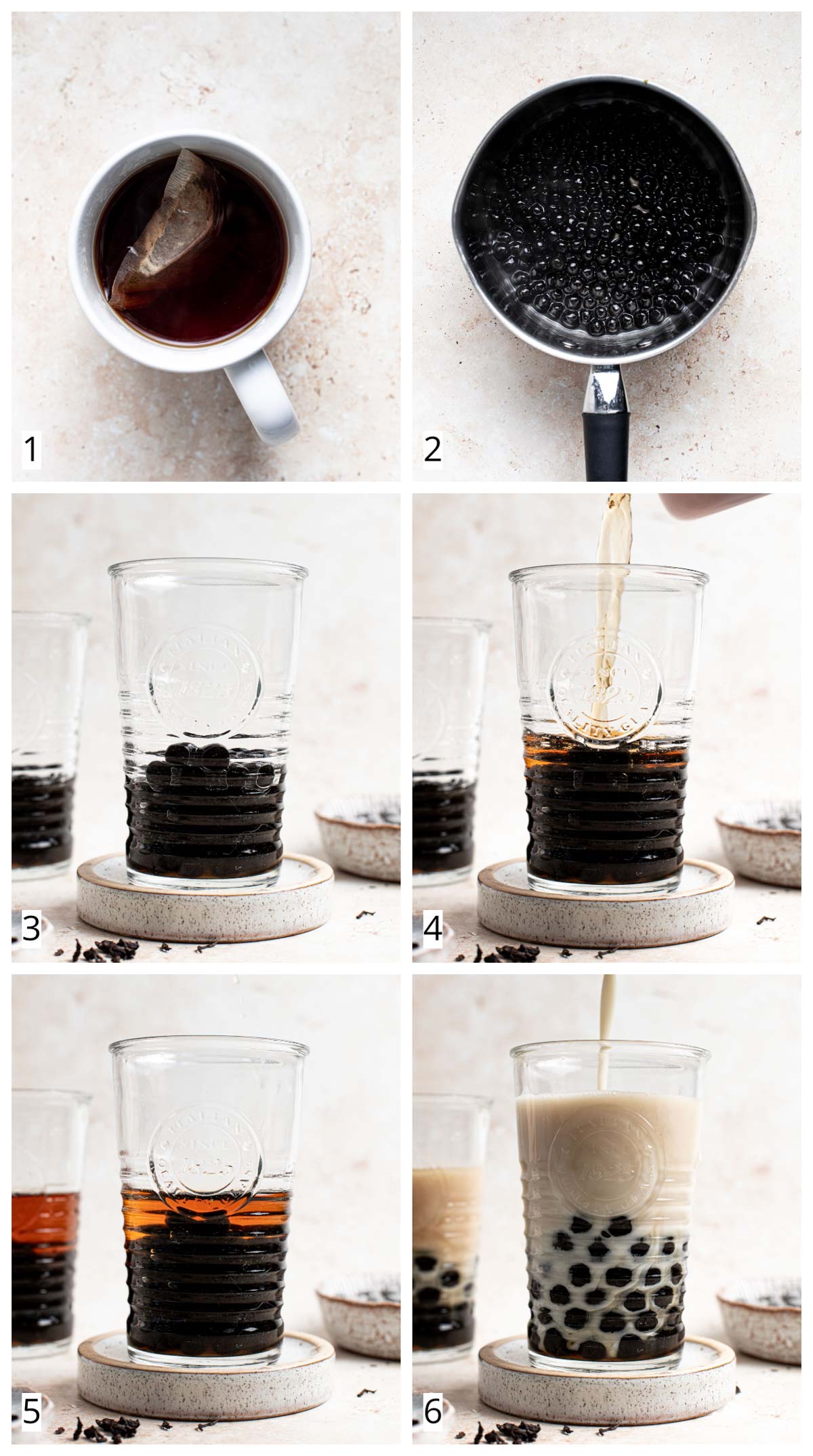 A collage of six images showing the six steps of making rose milk tea.