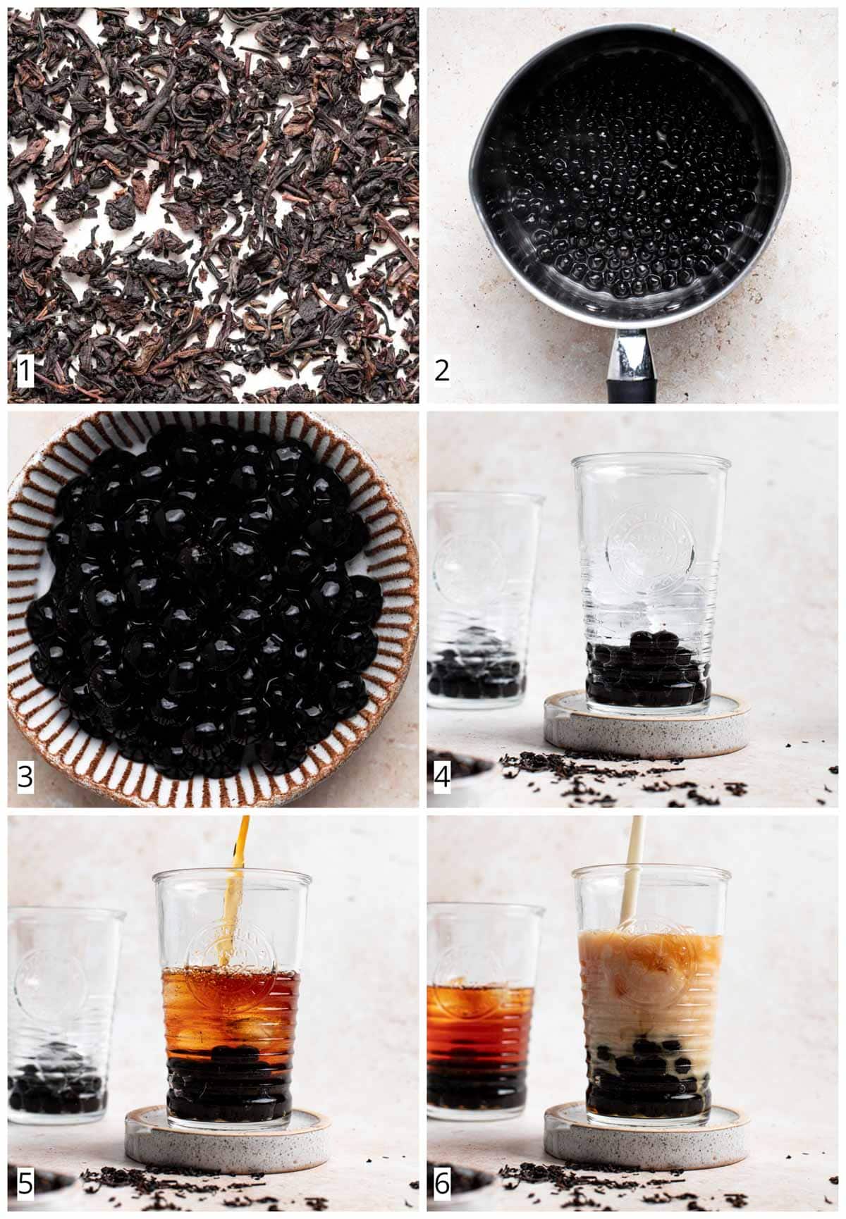 A collage of six images showing the steps in making Oolong boba.