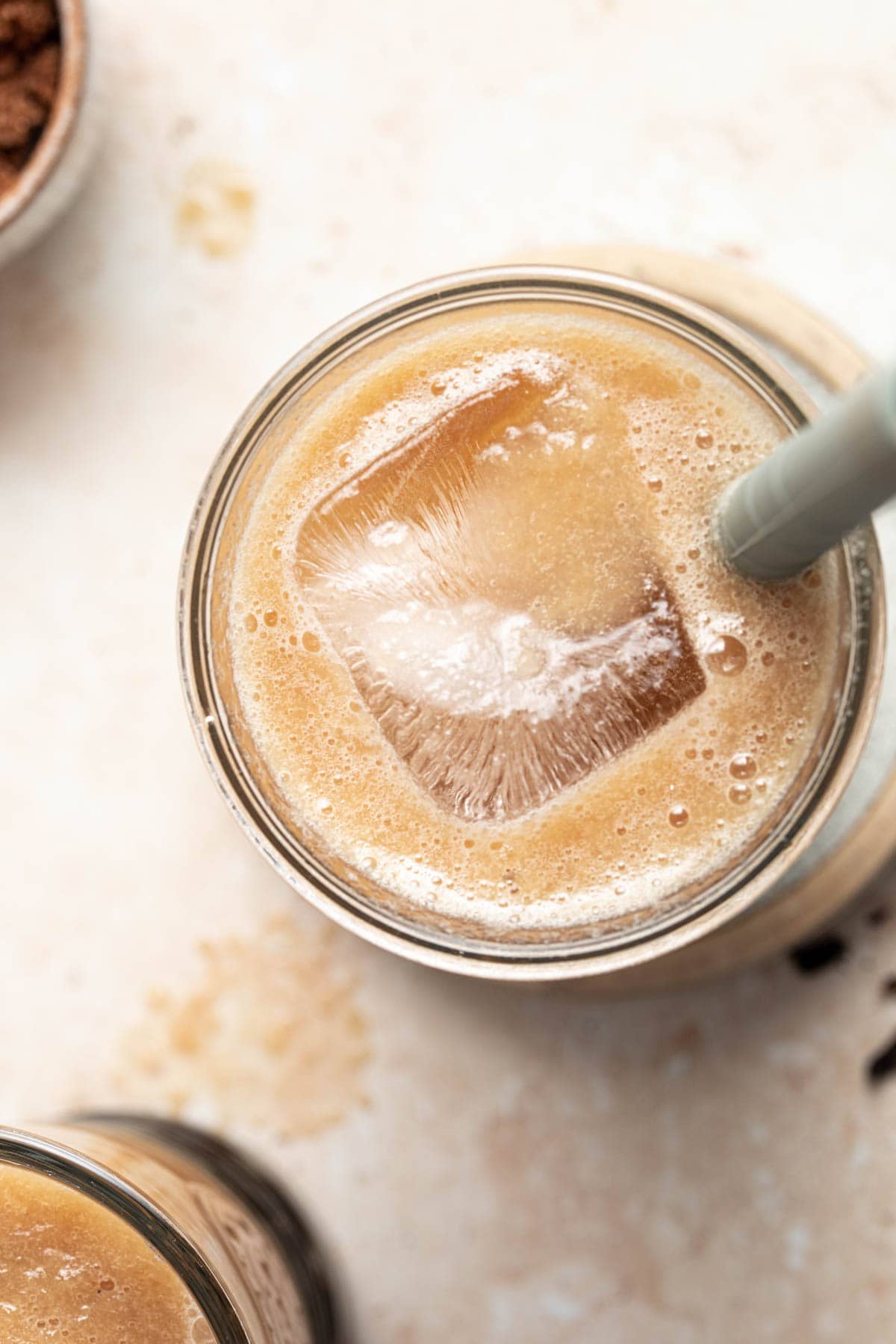 A close-up overhead image of winter melon milk tea.
