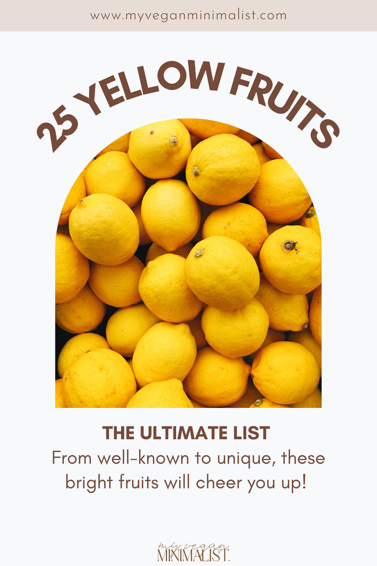 A graphic containing an image of lemons in the middle with the text 25 Yellow Fruits surrounding it. 