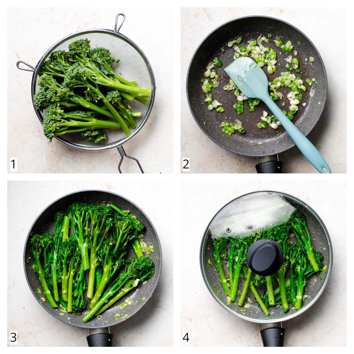 A collage of four images showing the different steps of making broccoli in a pan.