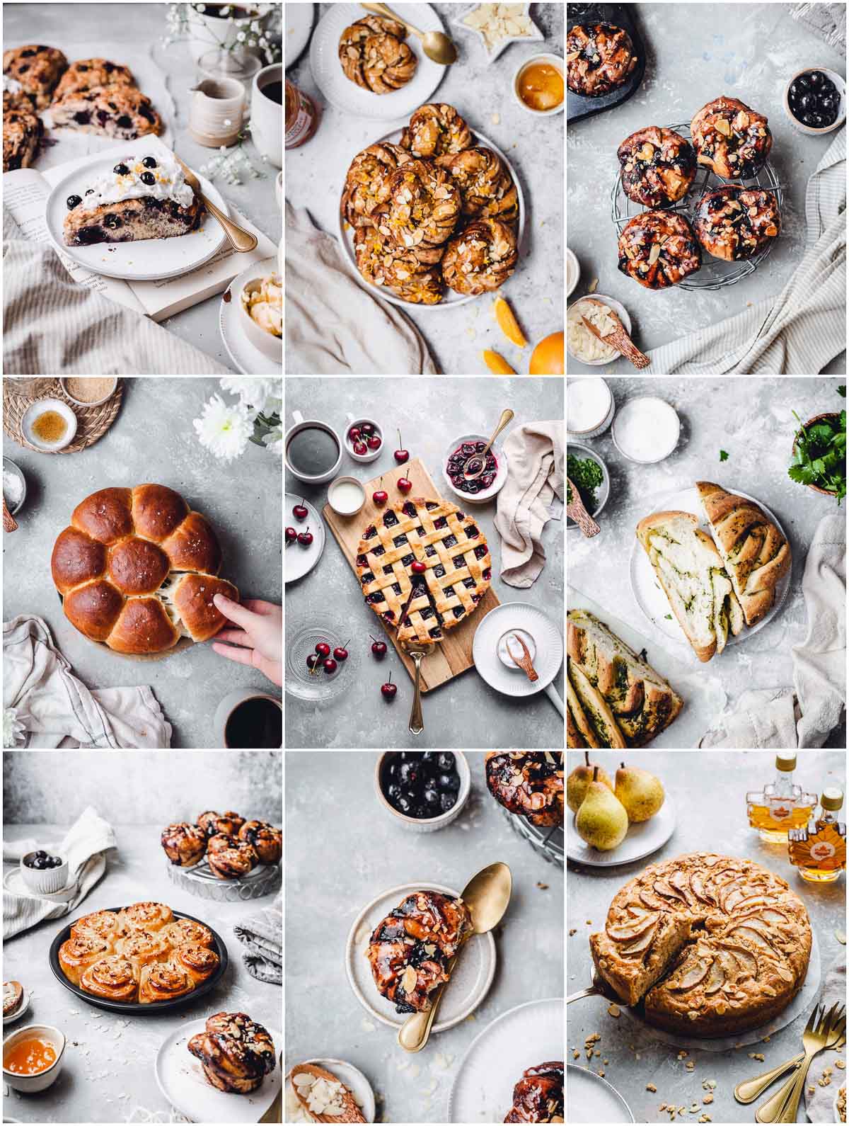 A collage of nine images showing various different baked goods. 