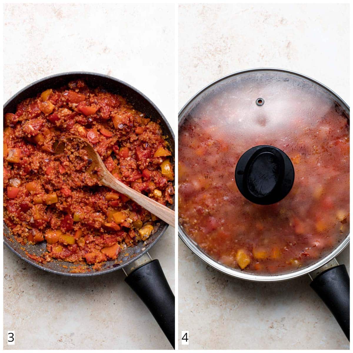 A collage of two images showing the last two steps in making a bulgur tomato dish.