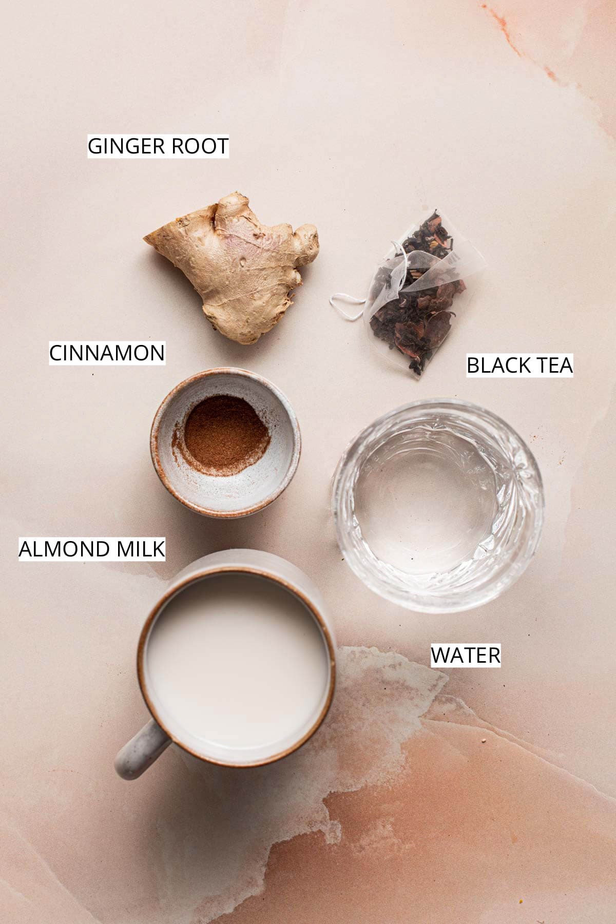 All ingredients needed to make ginger milk tea placed on a flat surface.
