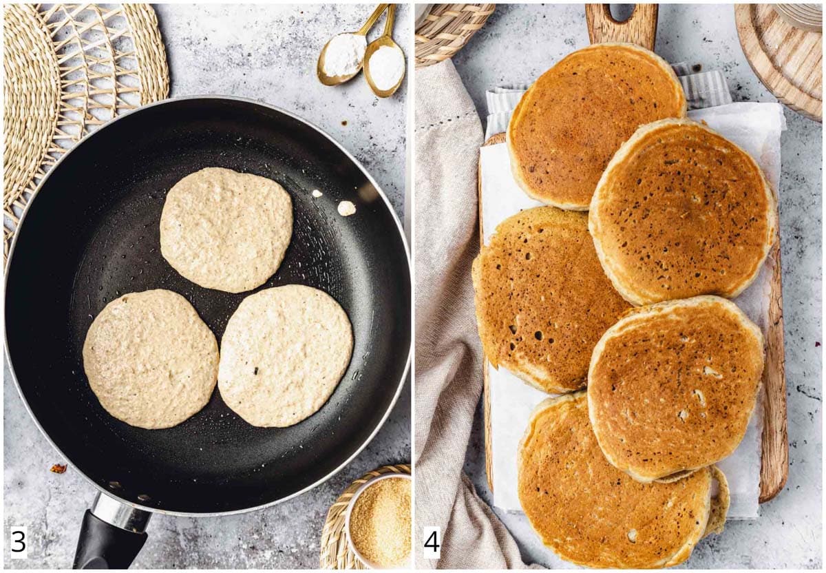 A collage of two images showing pancakes in a pan (left) and 5 cooked pancakes on a small wooden board.