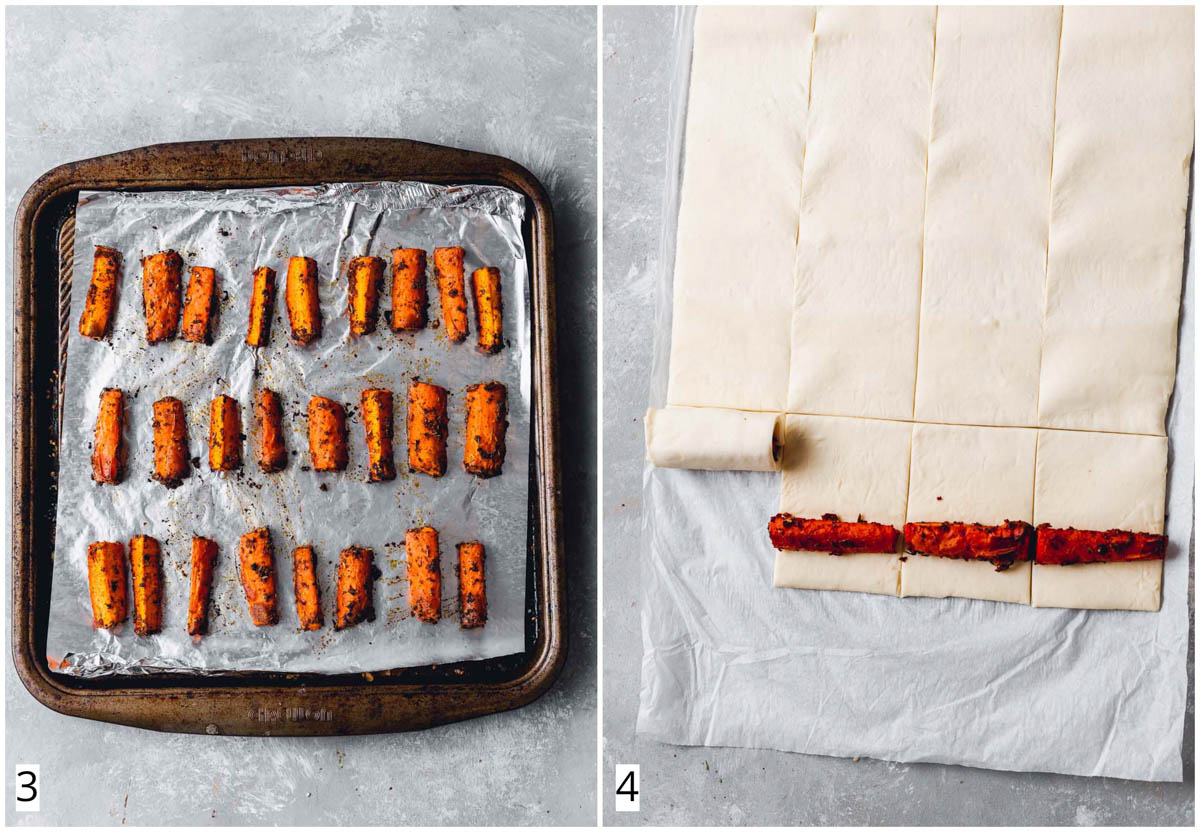 A collage of two images showing carrots on a baking tray.