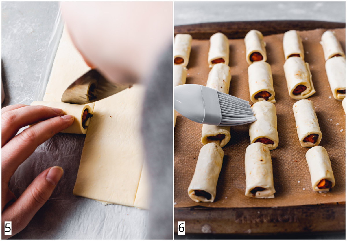 A collage of two images showing pigs in blankets being made.
