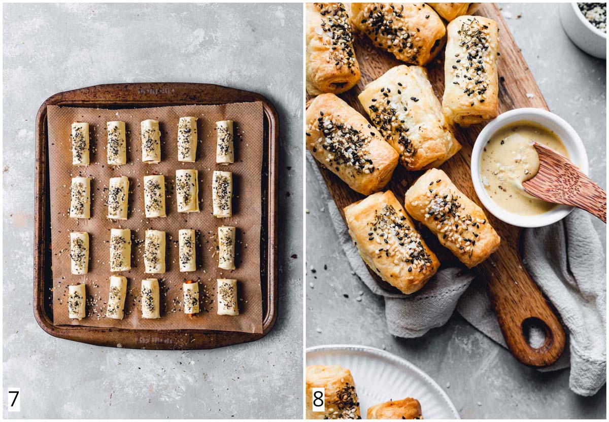 A collage of two images showing baked carrots in puff pastry. 