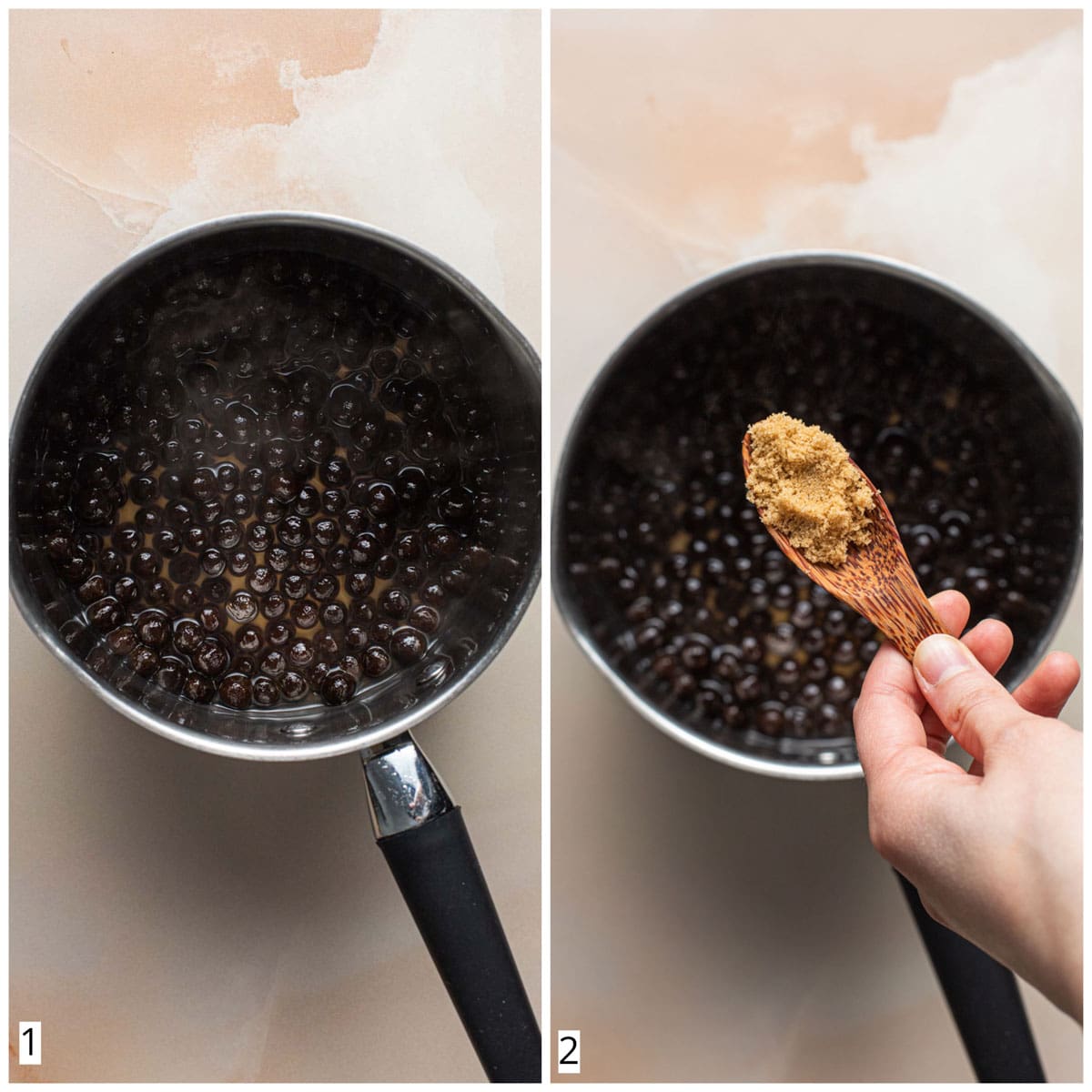 A collage of two images showing cooked tapioca pearls in a pan. 