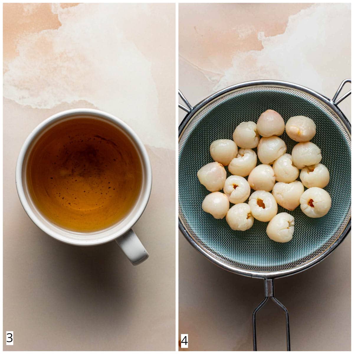 A collage of two images showing a mug of tea and canned lychee fruit. 