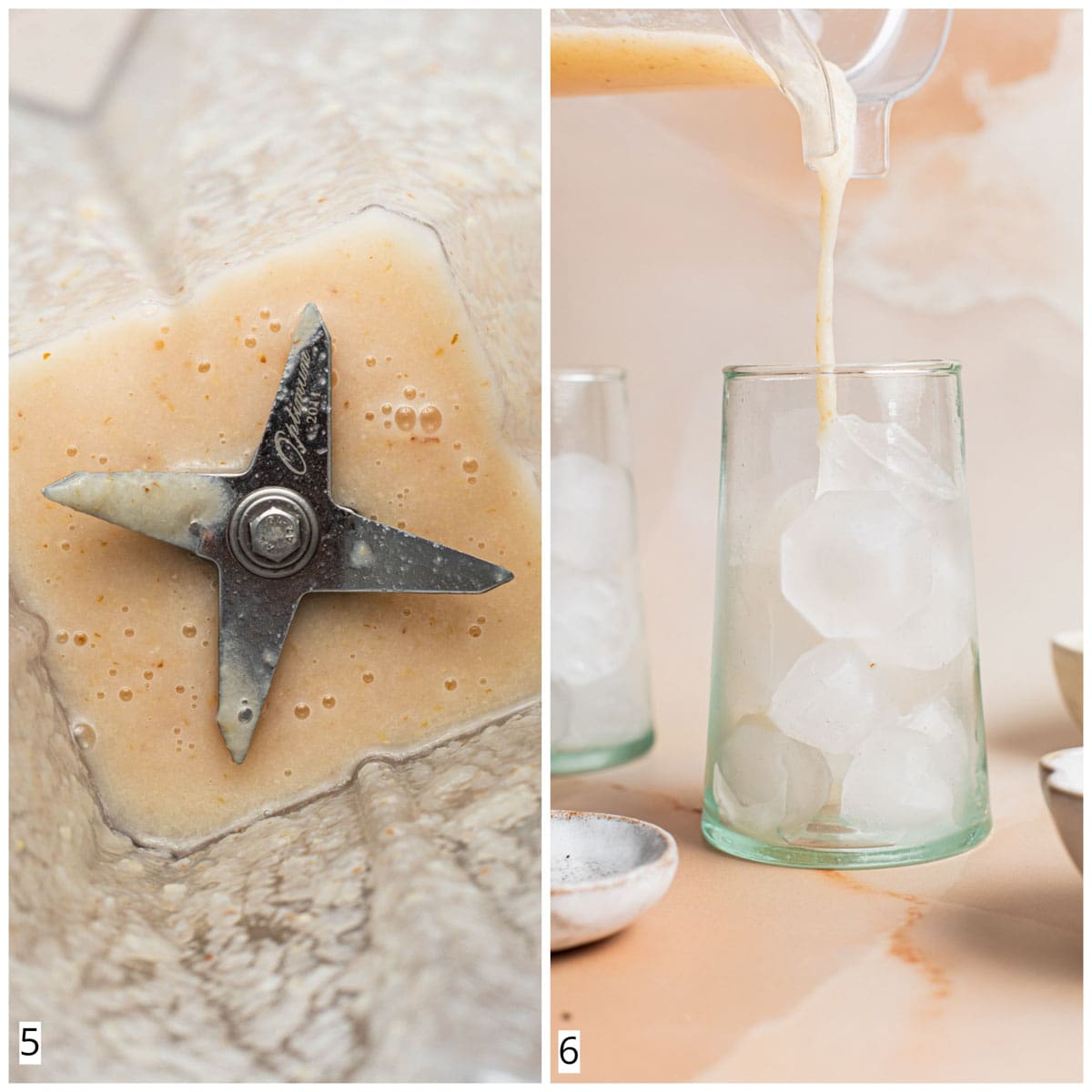 A collage of two images showing a close-up of a blender and a lychee puree being poured into a glass.