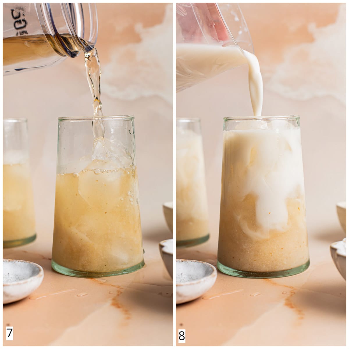 A collage of two images showing a tea and milk being poured into a glass.