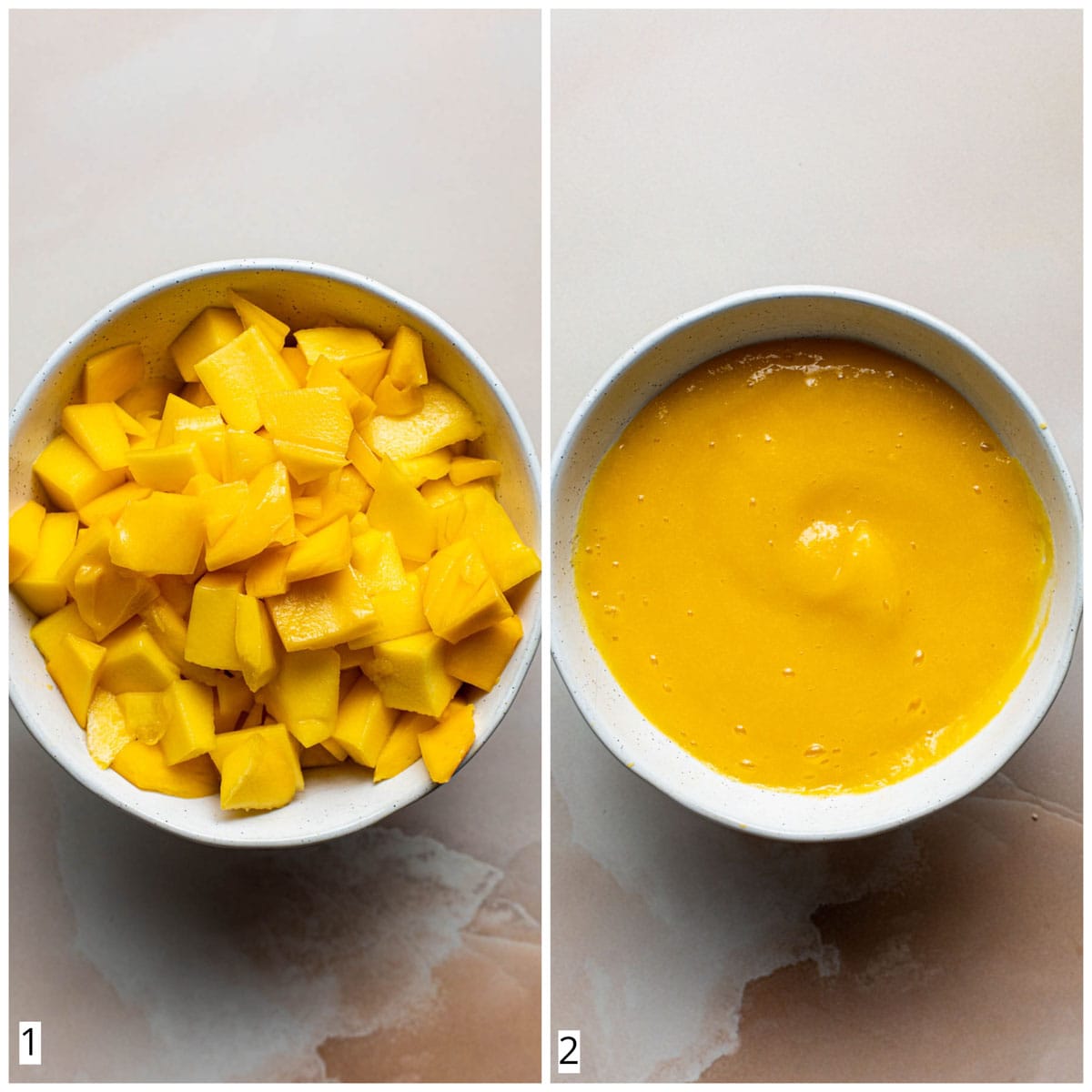 A collage of two images showing cubed mango and mango puree.