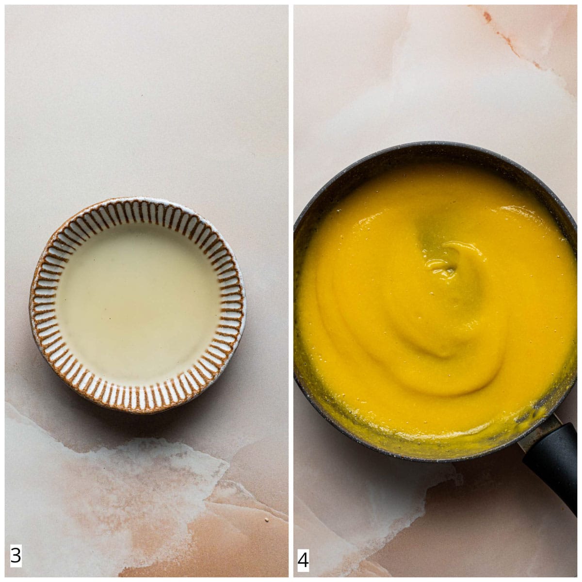 A collage of two images showing dissolved agar powder and mango puree in a pan.