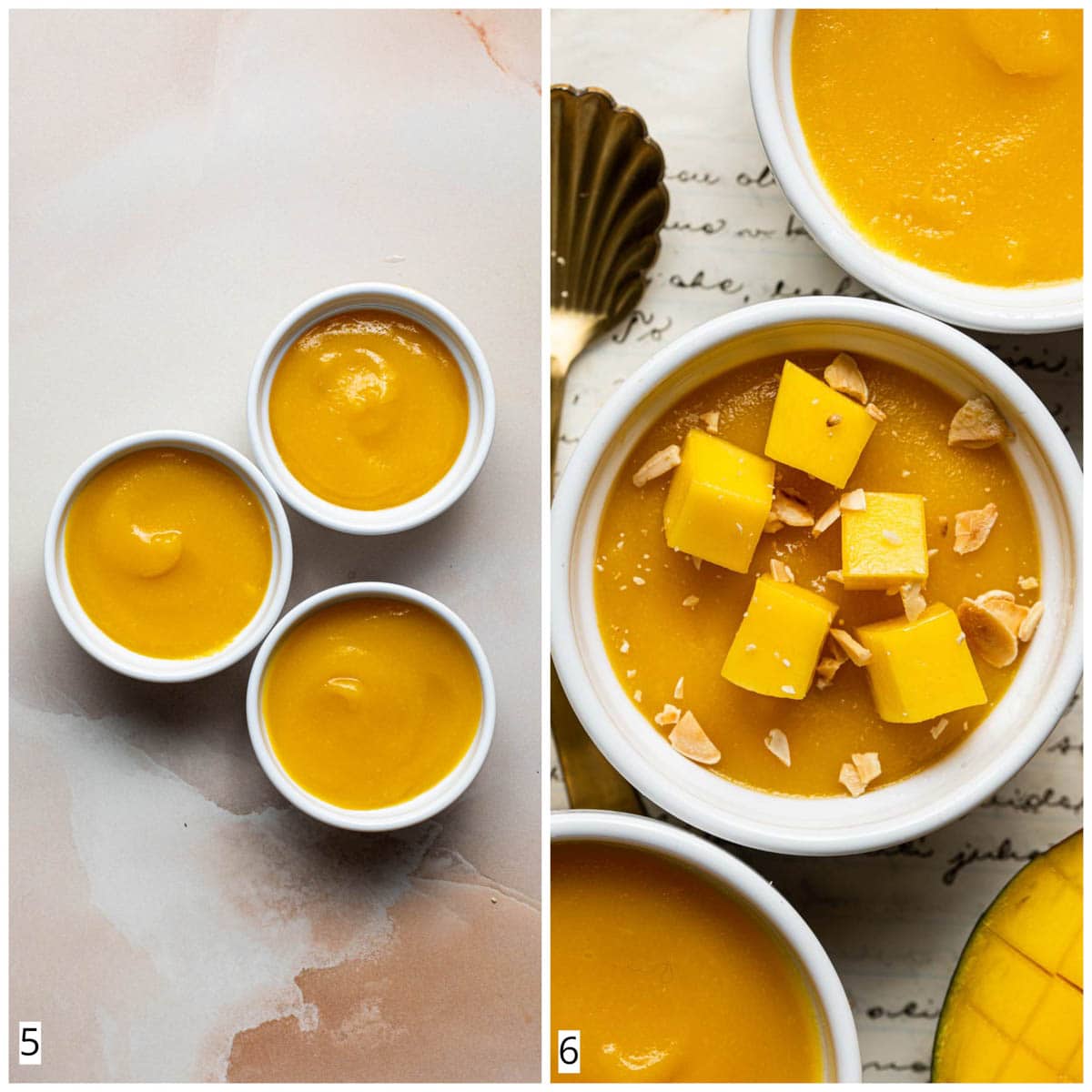 A collage of two images showing mango puree before and after setting.