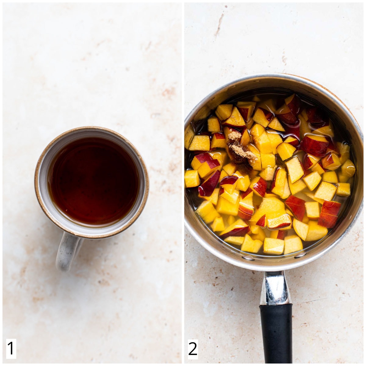 A collage of two images showing a mug of tea and a saucepan with peaches.