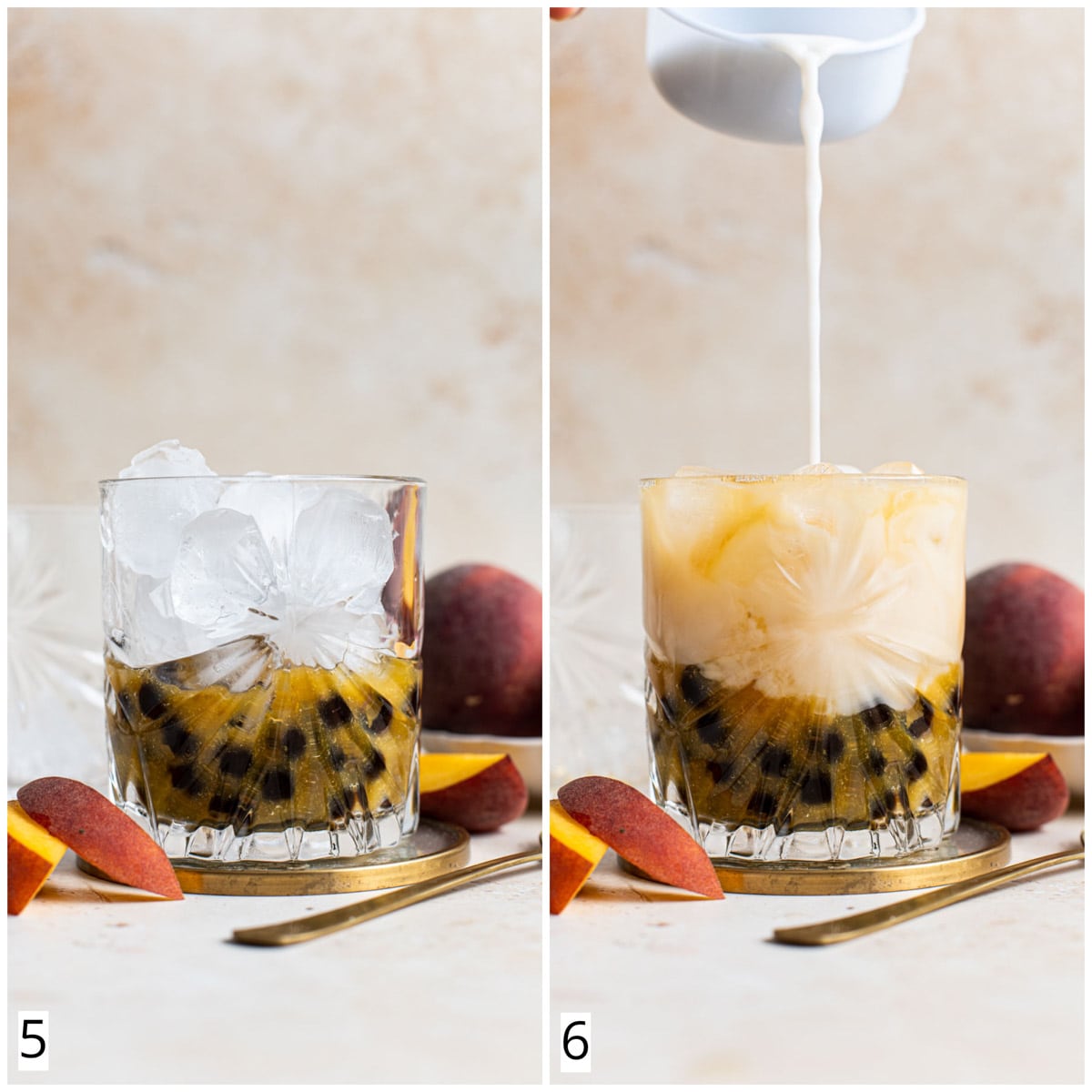 A collage of two images showing how to serve peach milk tea.