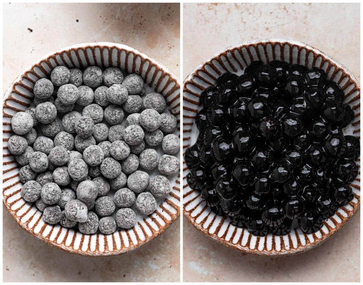 Uncooked and cooked boba pearls side by side. 