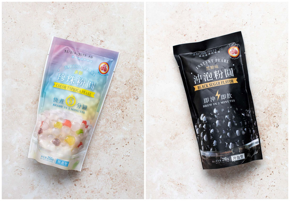 Different flavours of tapioca pearls in their original packaging.