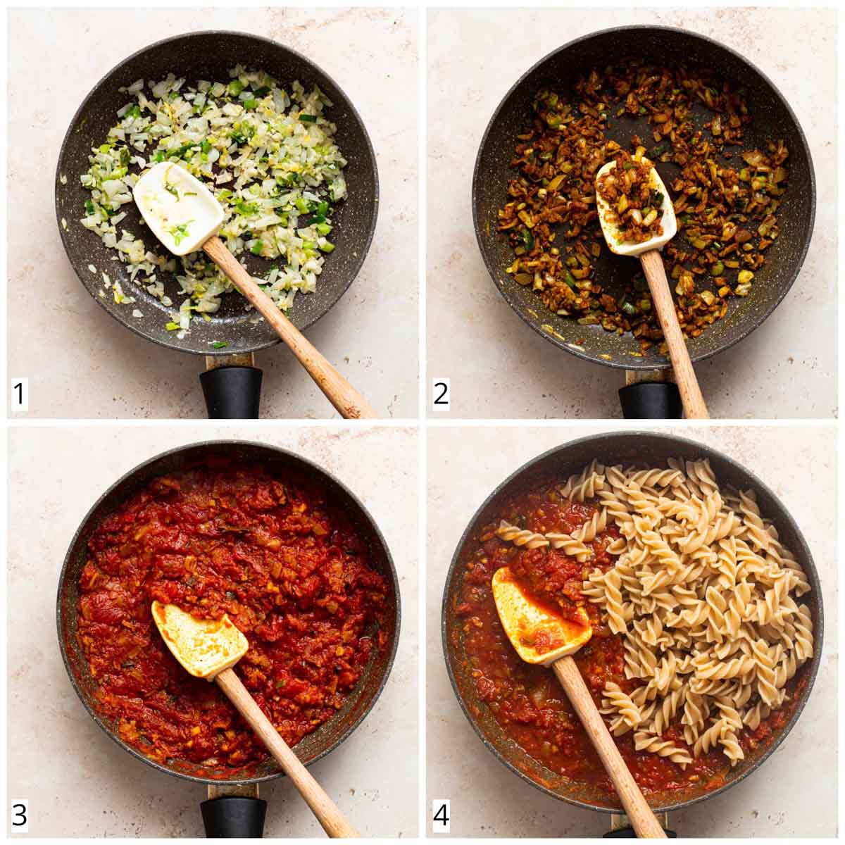 A collage of four images showing the steps in making pasta sauce.