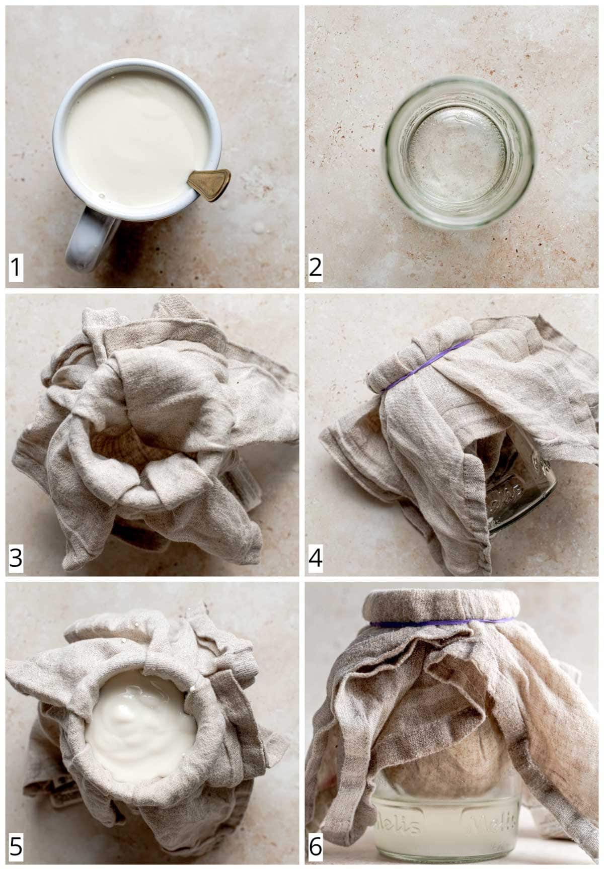 A collage of 6 images showing steps in making vegan quark.