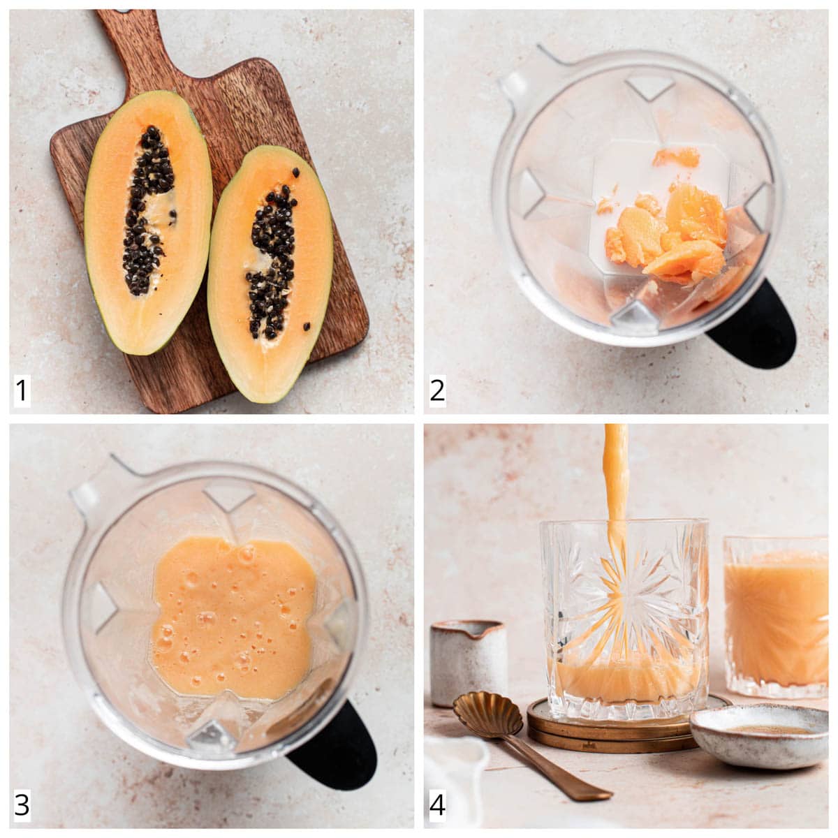 A collage of four images showing how to make papaya milk.