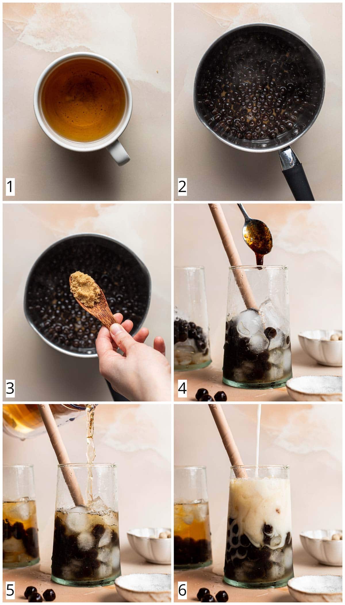 A collage of six images showing how to make vanilla bubble tea. 