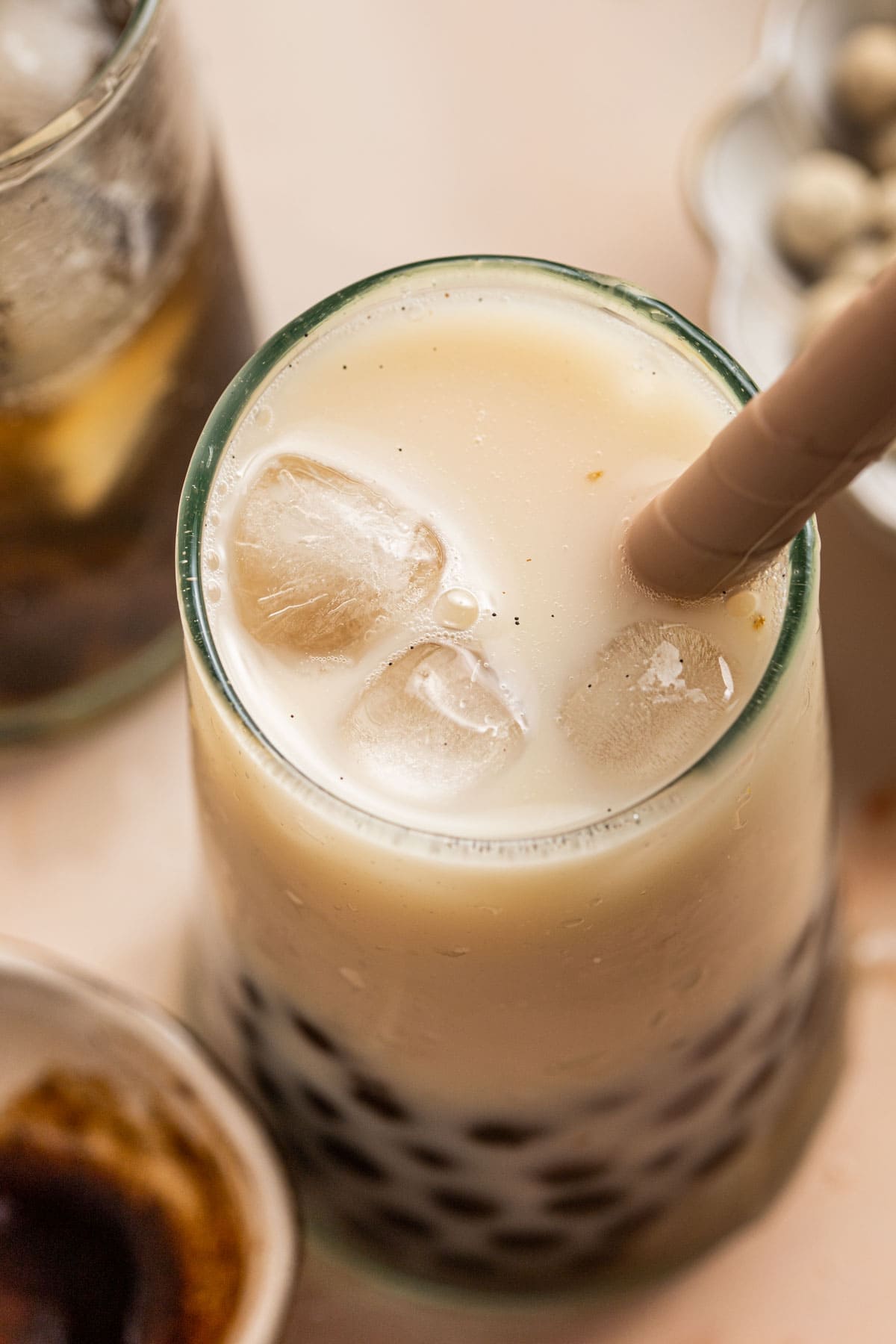 A close-up image of vanilla milk tea. 