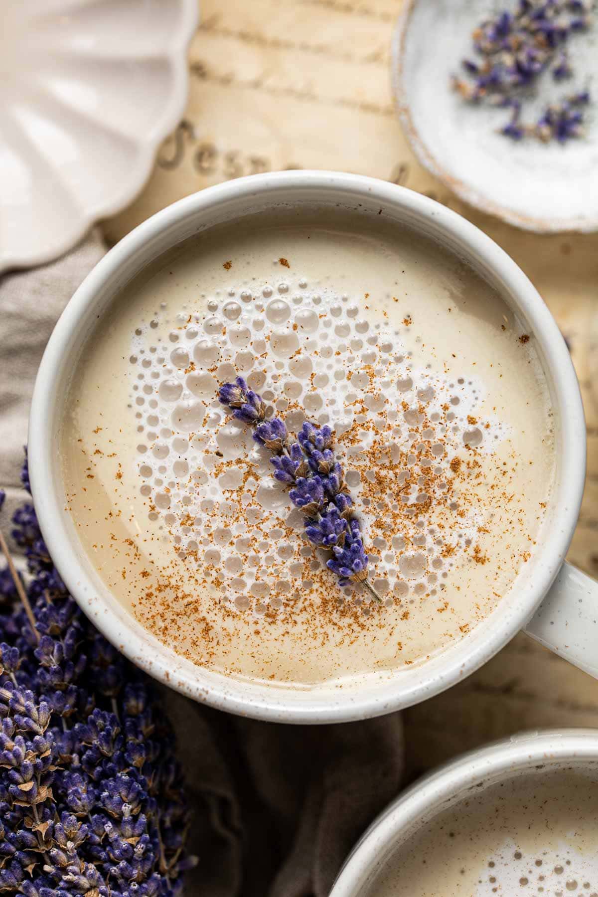 A mug of lavender milk tea.