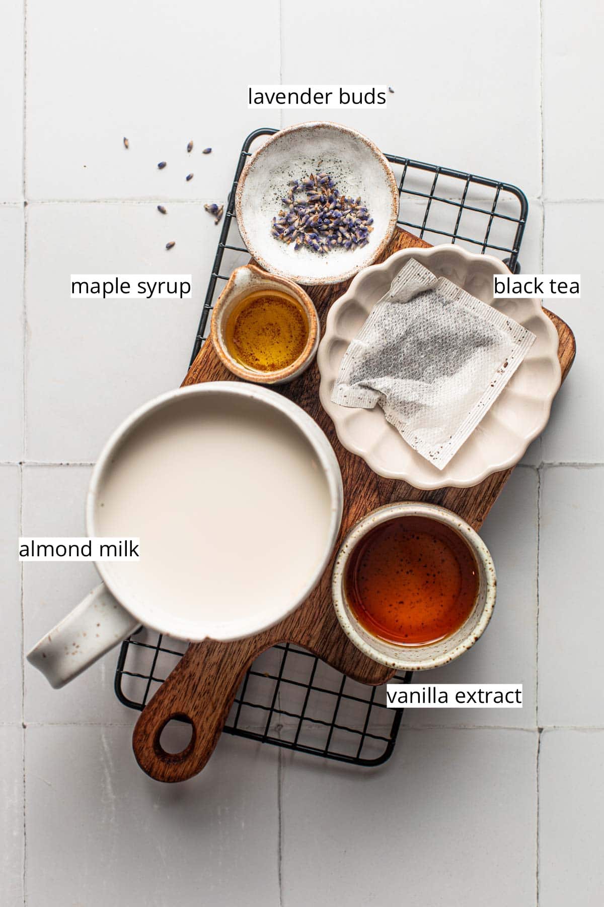 Ingredients needed to make black lavender milk tea.