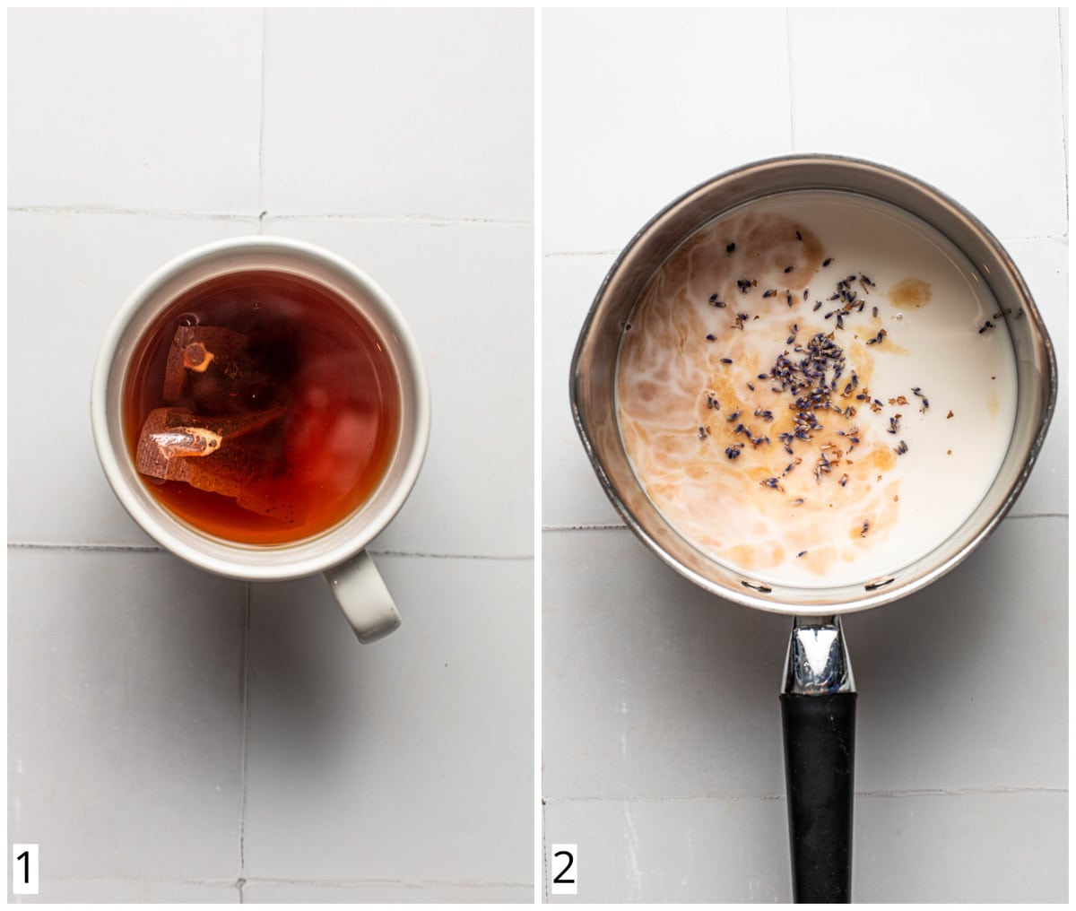 A collage of two images showing the first two steps in making milk tea.