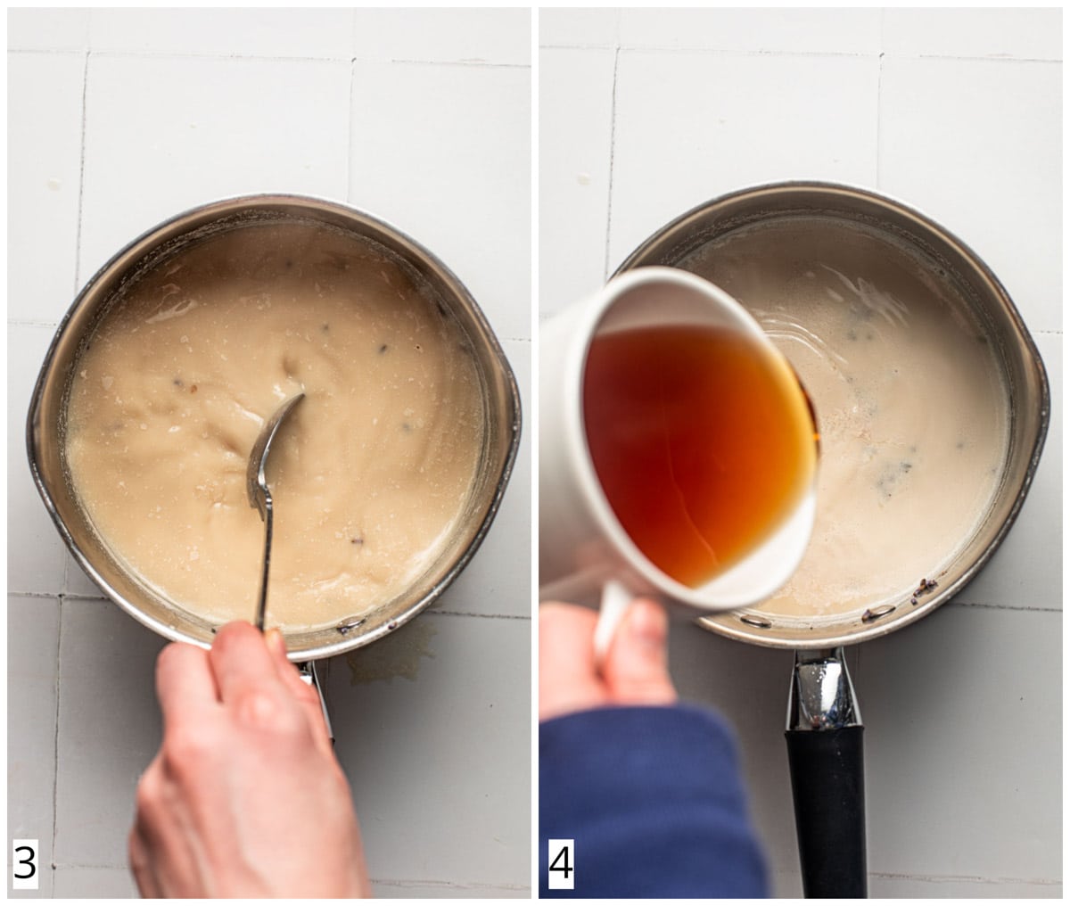 A collage of two images showing a saucepan with milk tea in it.