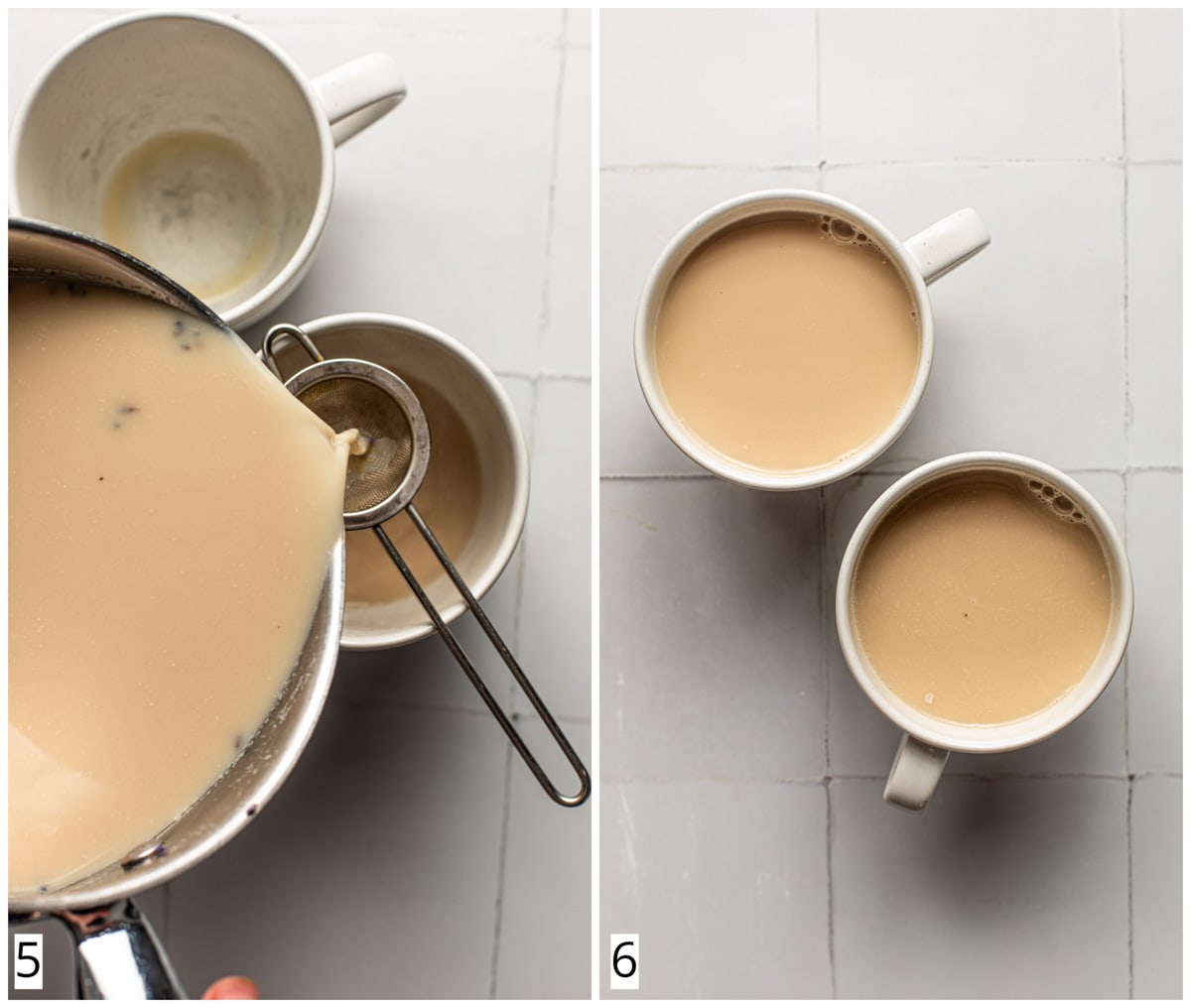 A collage of two images showing milk tea being poured into two mugs.
