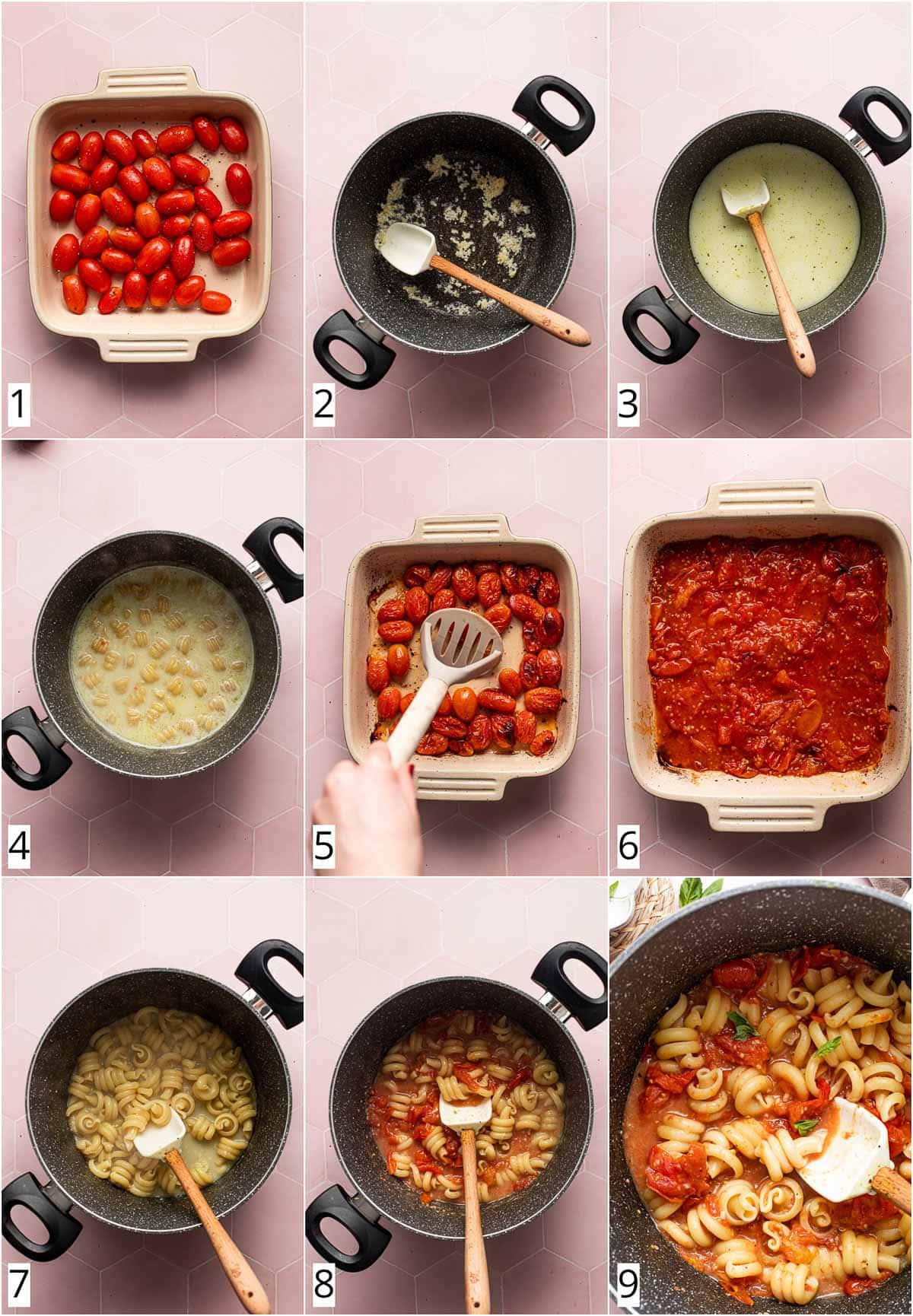 A collage of nine images showing steps in making tomato pasta. 