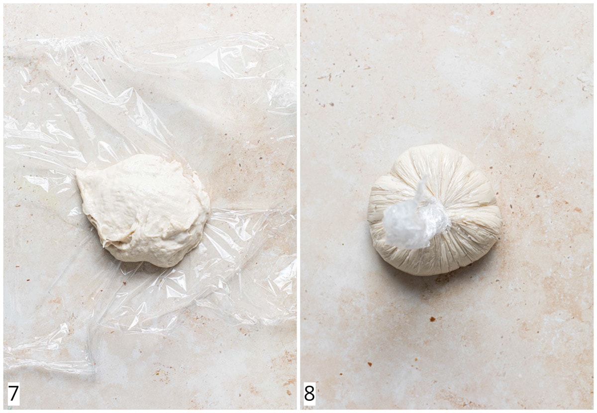 A collage of two images showing a cheese ball being wrapped in plastic film. 