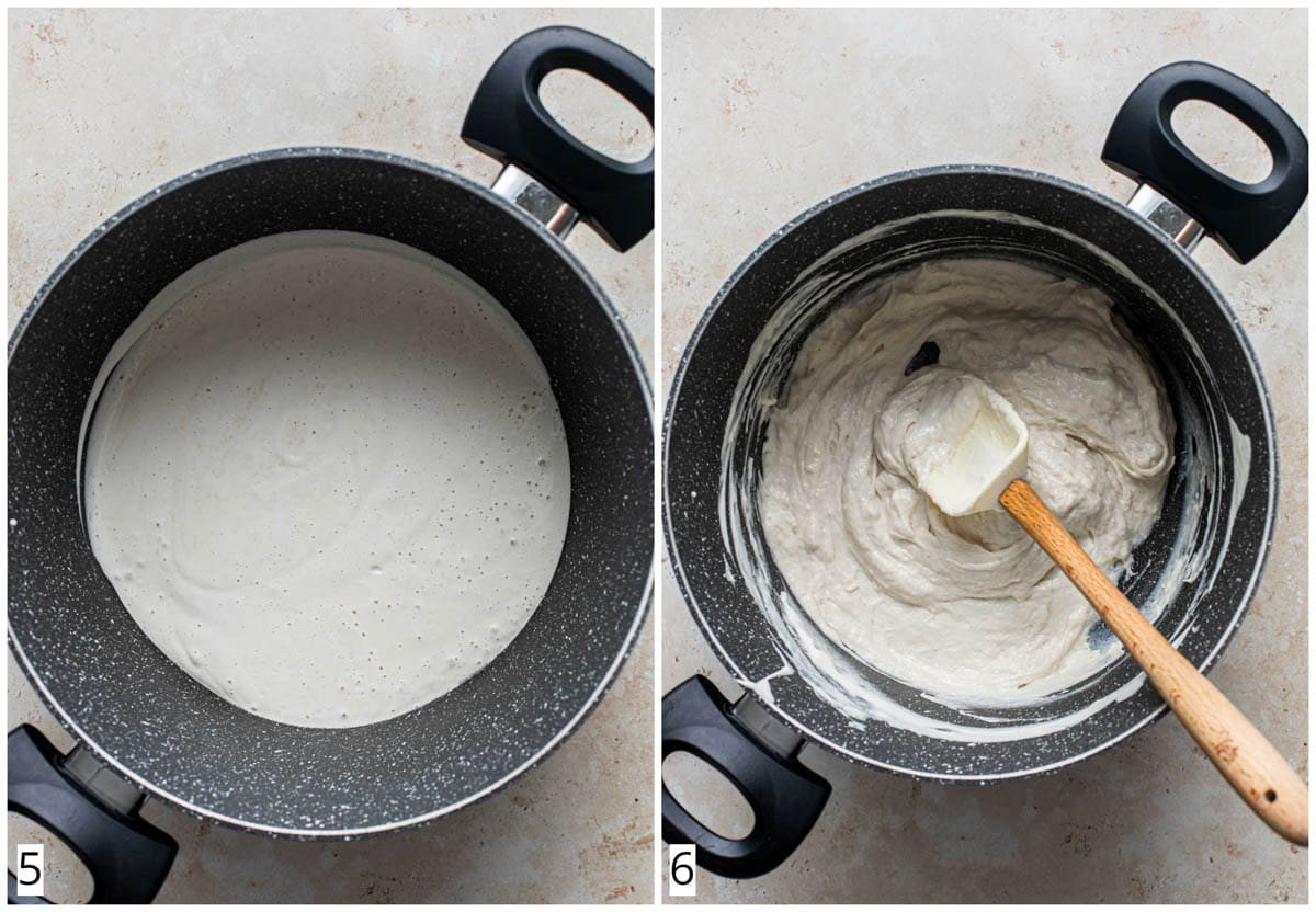 A collage of two images showing cheese being made in a pot.