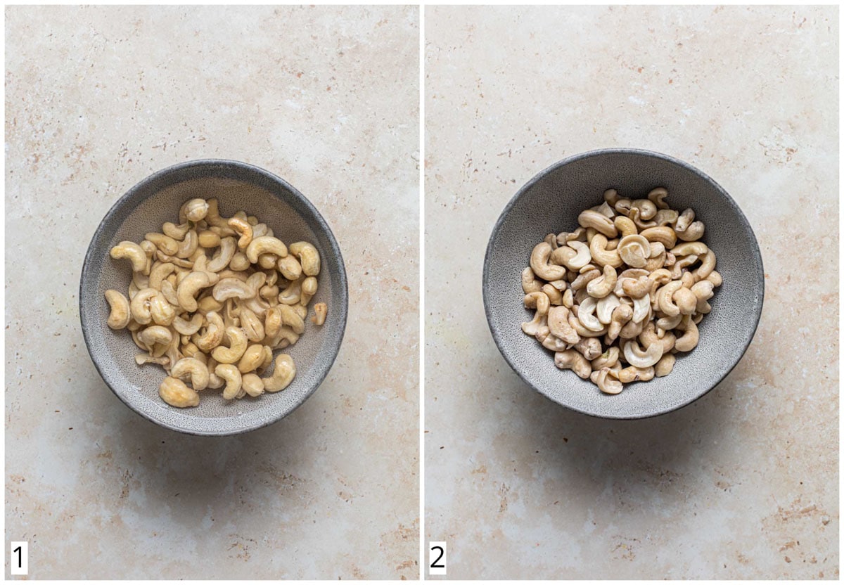 A collage of two images showing soaked and drained cashews. 