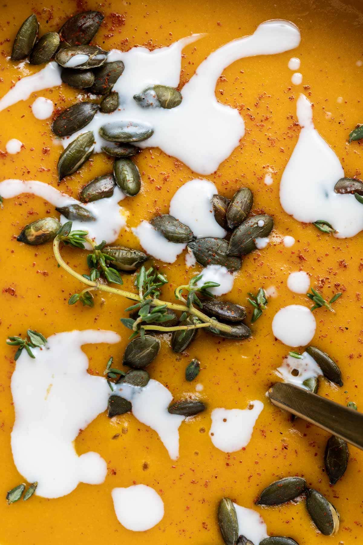 A close-up view of pumpkin soup.