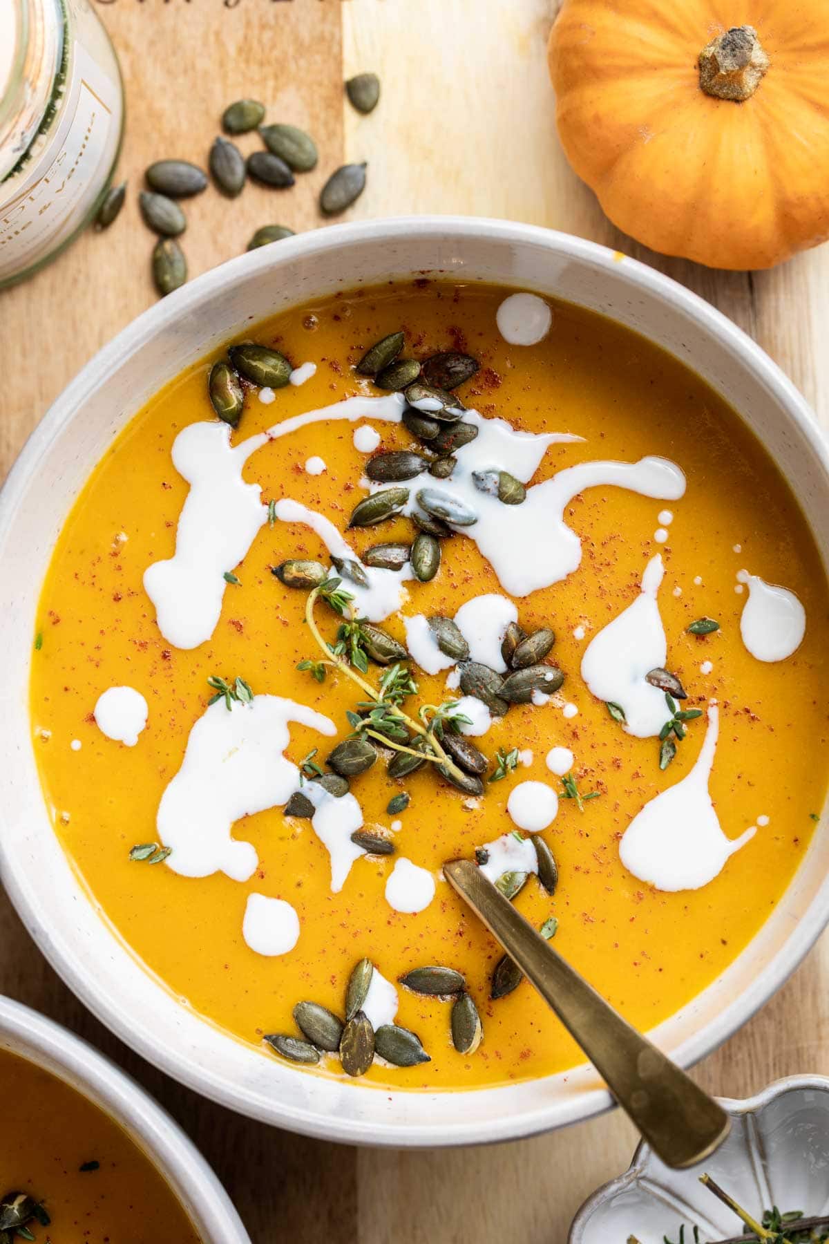 Pumpkin soup in a bowl. 