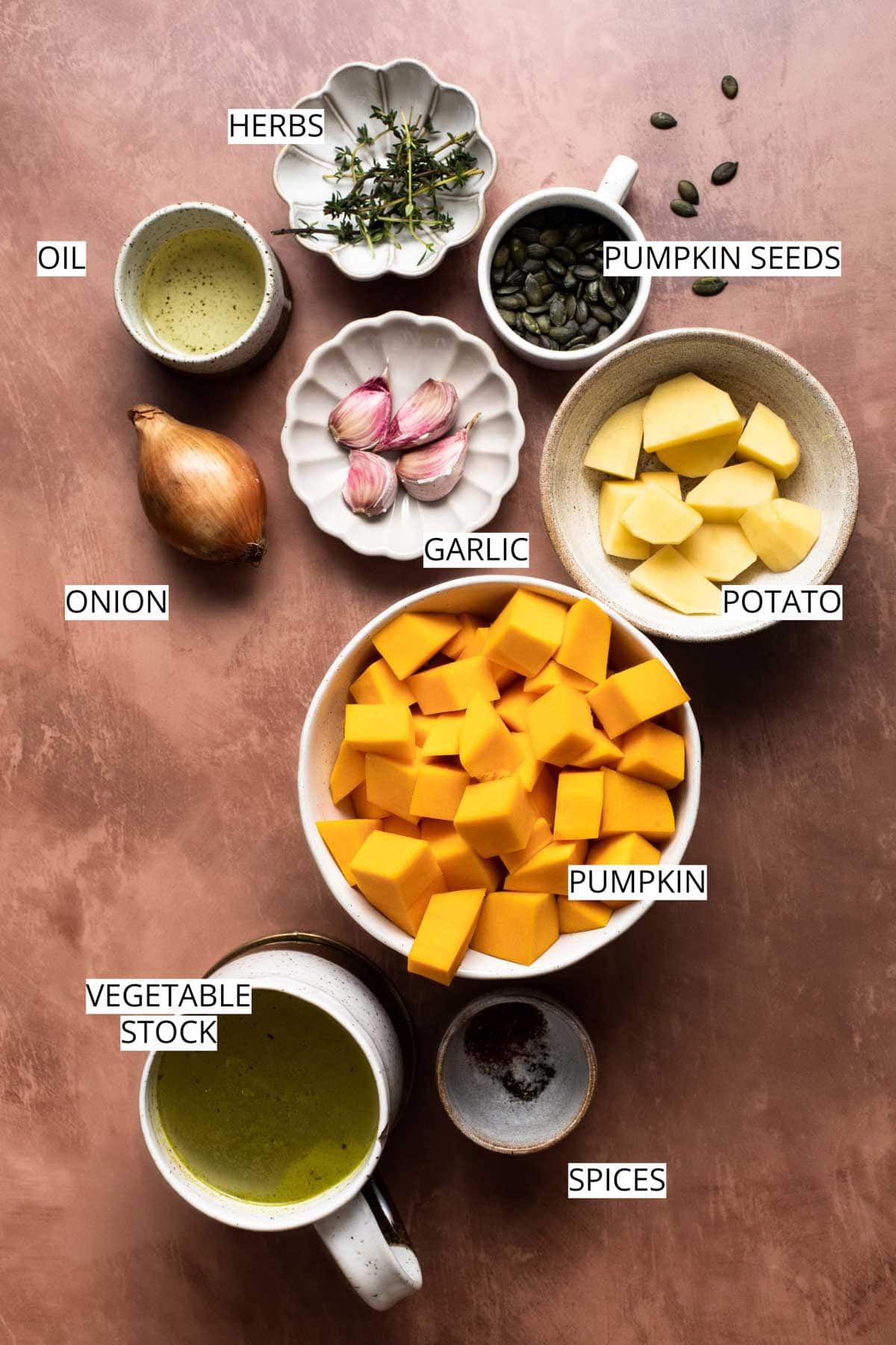 Ingredients needed for pumpkin soup.