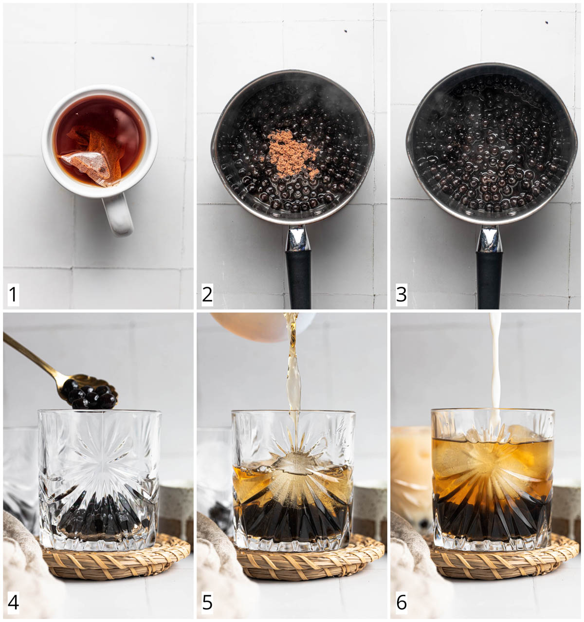 A collage of six images showing all the steps in making bubble tea.