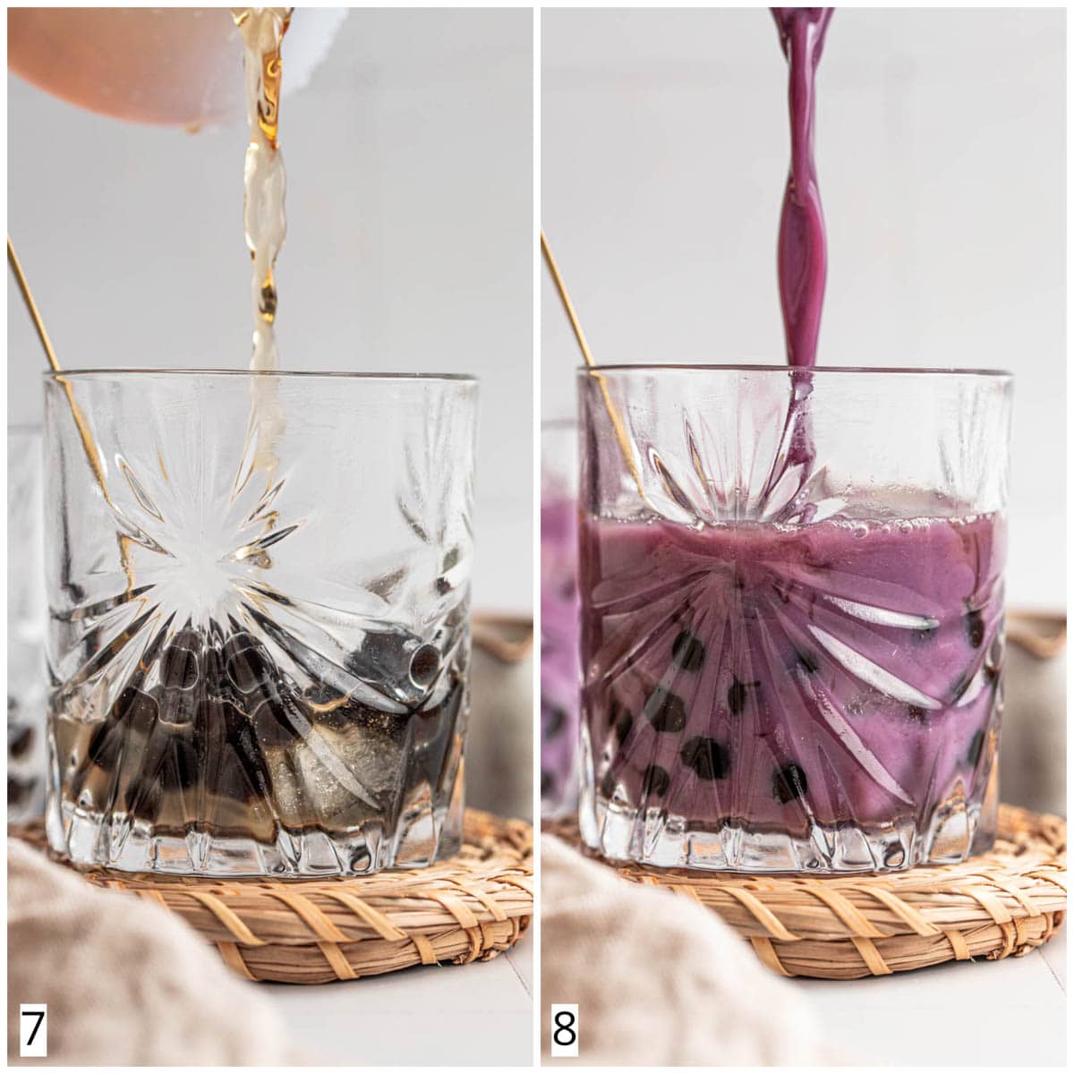 A collage of two images showing blueberry milk tea being poured into a glass.
