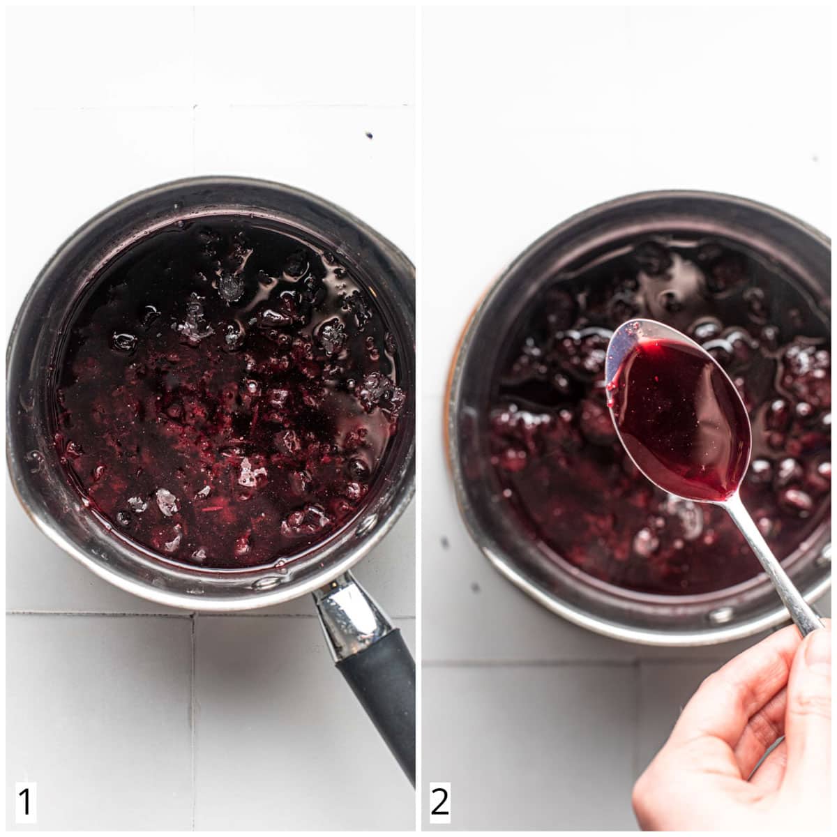 A collage of two images showing blueberry syrup being made.