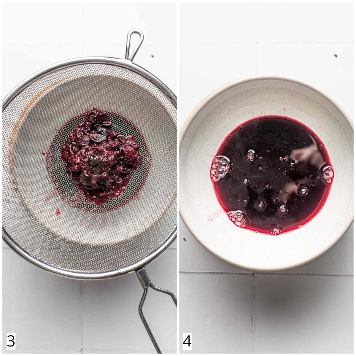 A collage of two images showing blueberries being squeezed through a sieve. 