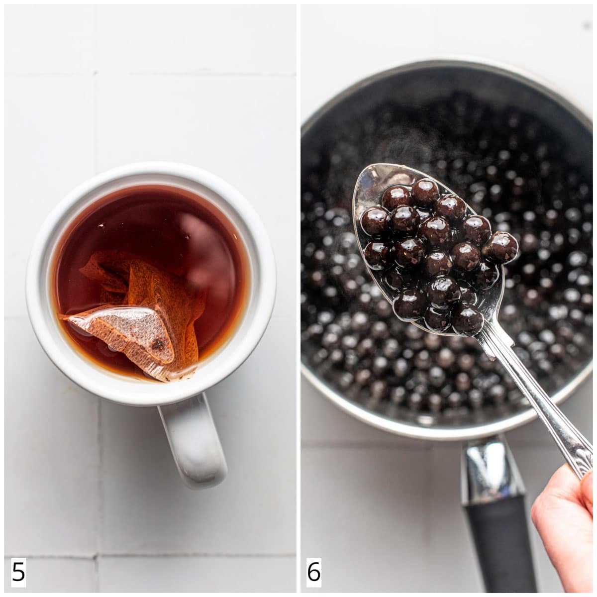 A collage of two images showing a mug of tea and cooked tapioca pearls.