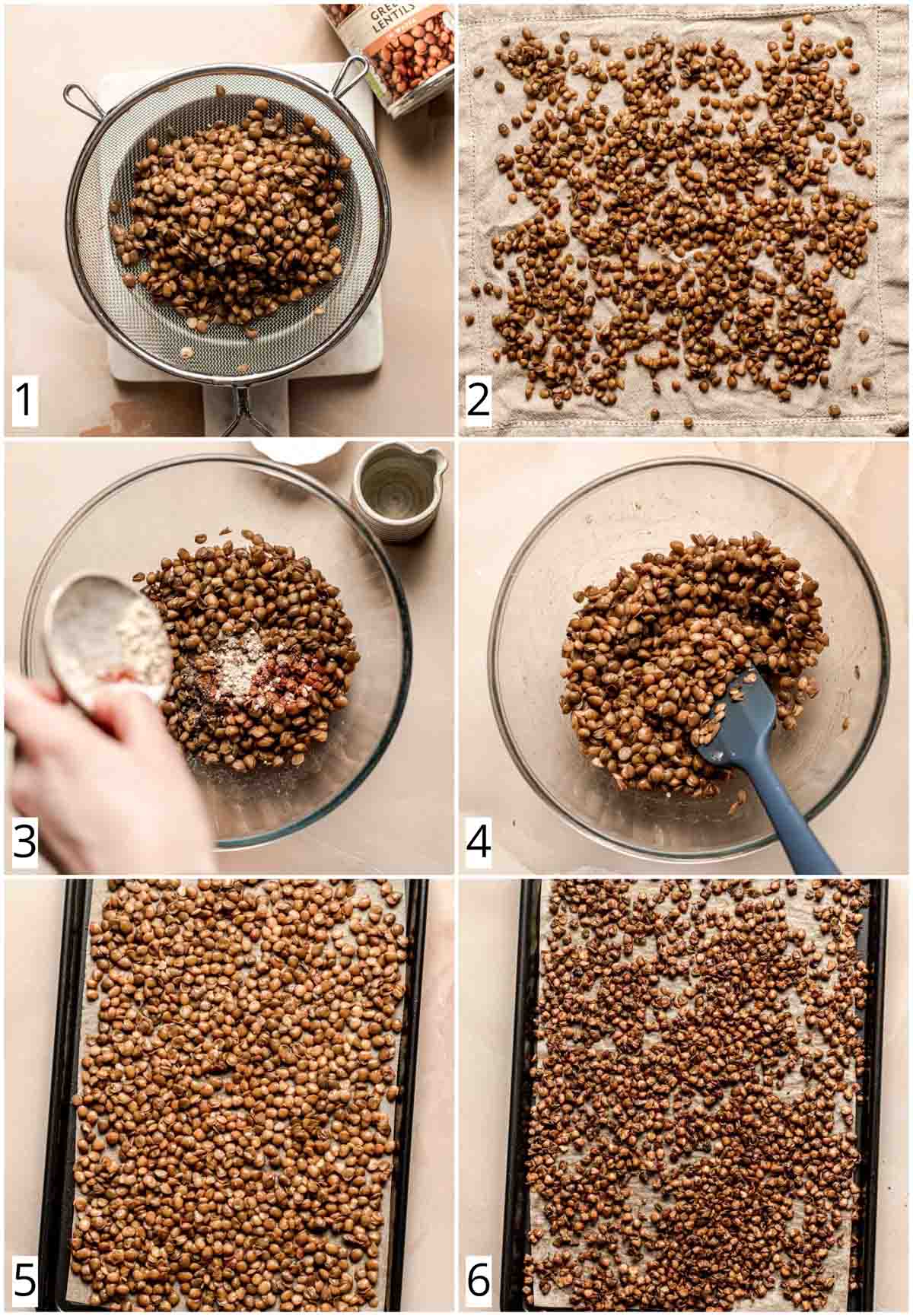 A collage of six images showing how to make roasted lentils.