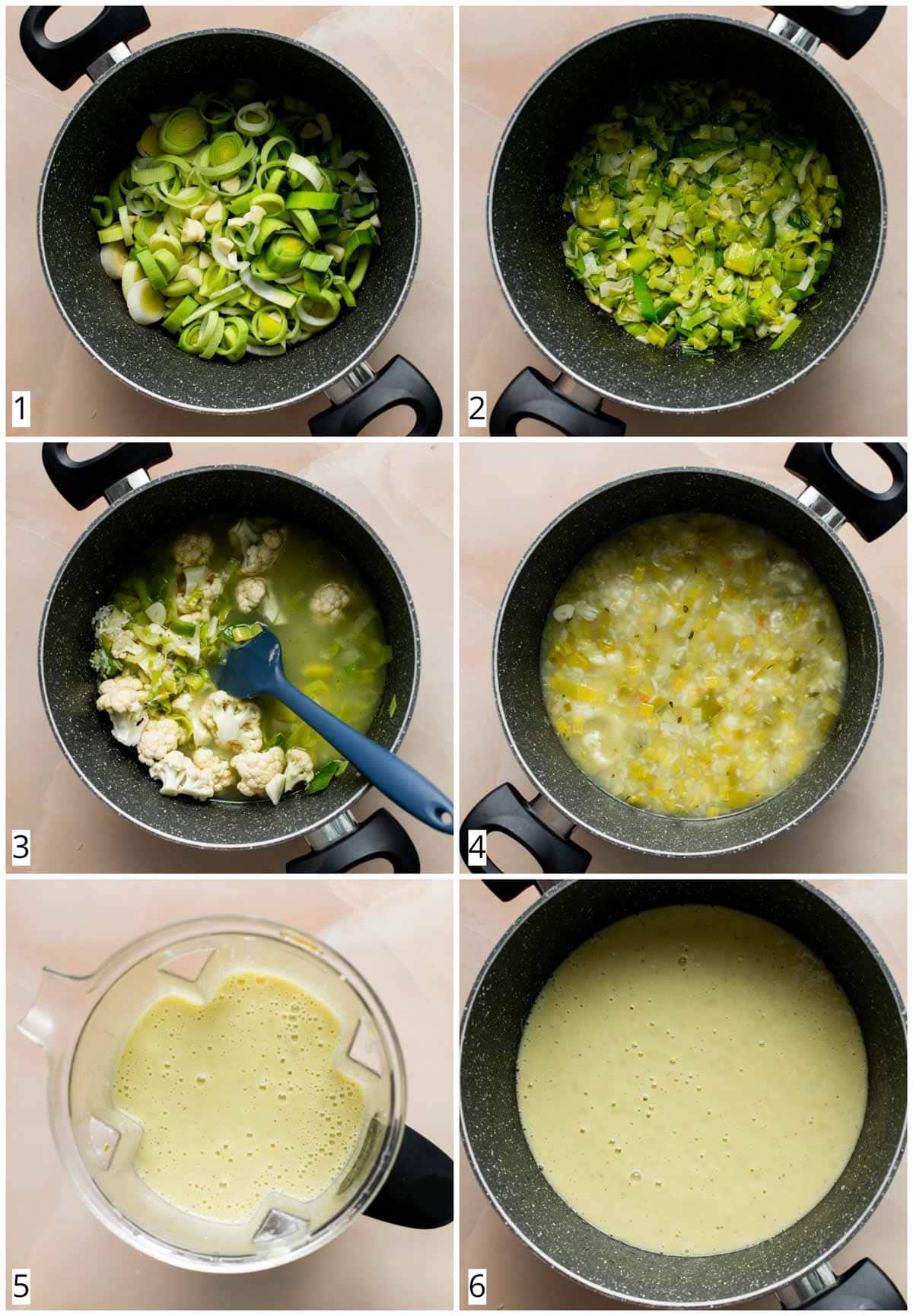 A collage of 6 images showing steps in making no potato leek soup.