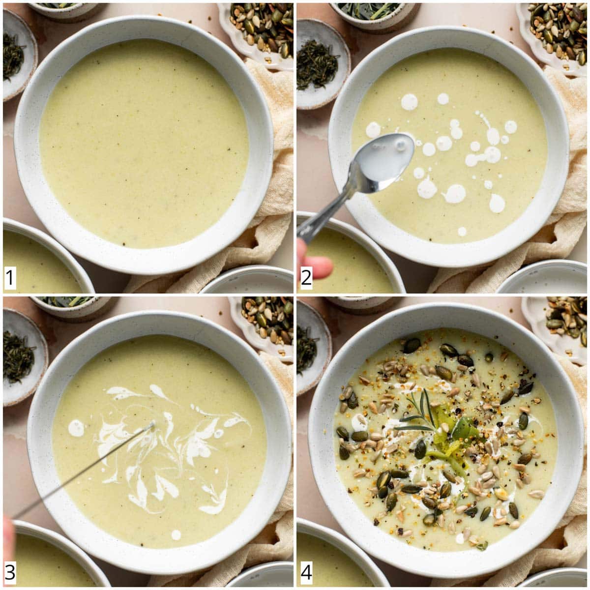 A collage of four images showing how to style a bowl of leek soup.
